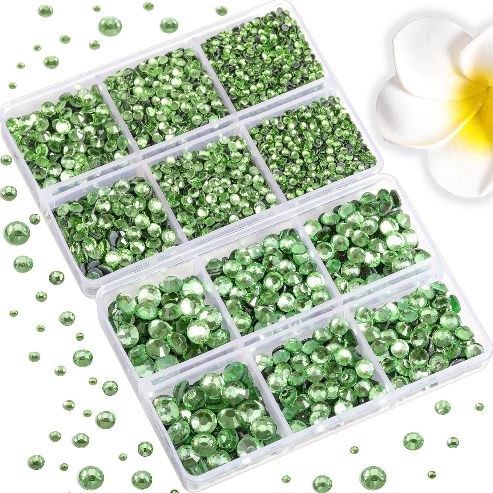 6736Pcs Hotfix Rhinestones Flatback,Light Green Rhinestones For Crafts Clothes Mixed 5 Sizes, Hotfix Crystals With Tweezers And Wax Pencil Kit, Ss6-Ss30,Peridot/Light Green