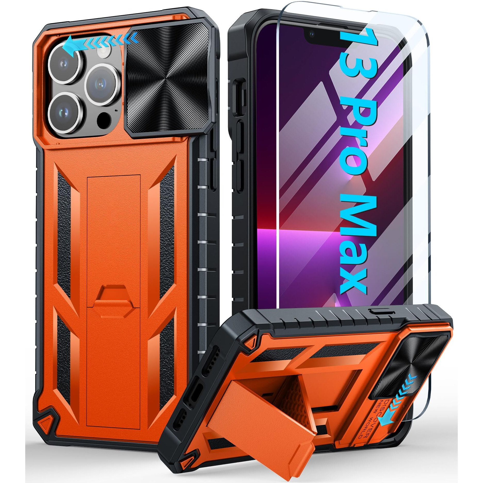 Soios For Iphone 13-Pro-Max Phone Case Military Grade Dropproof Protective Cell Phone Cover With Kickstand & Slider | Rugged Heavy Duty Rugged Protection Phonecase(Orange)