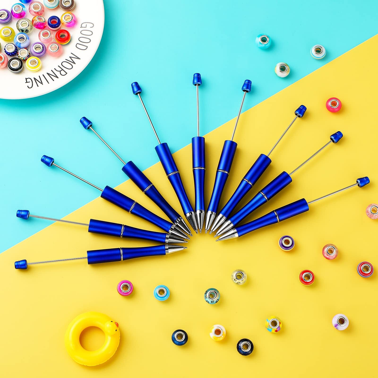 Crtiin 50 Pieces Plastic Beadable Pen Bulk Bead Ballpoint Shaft Black Ink Beaded Pens With 50 Refills For Diy Making Gift Kids Students Office School Supplies(Blue)