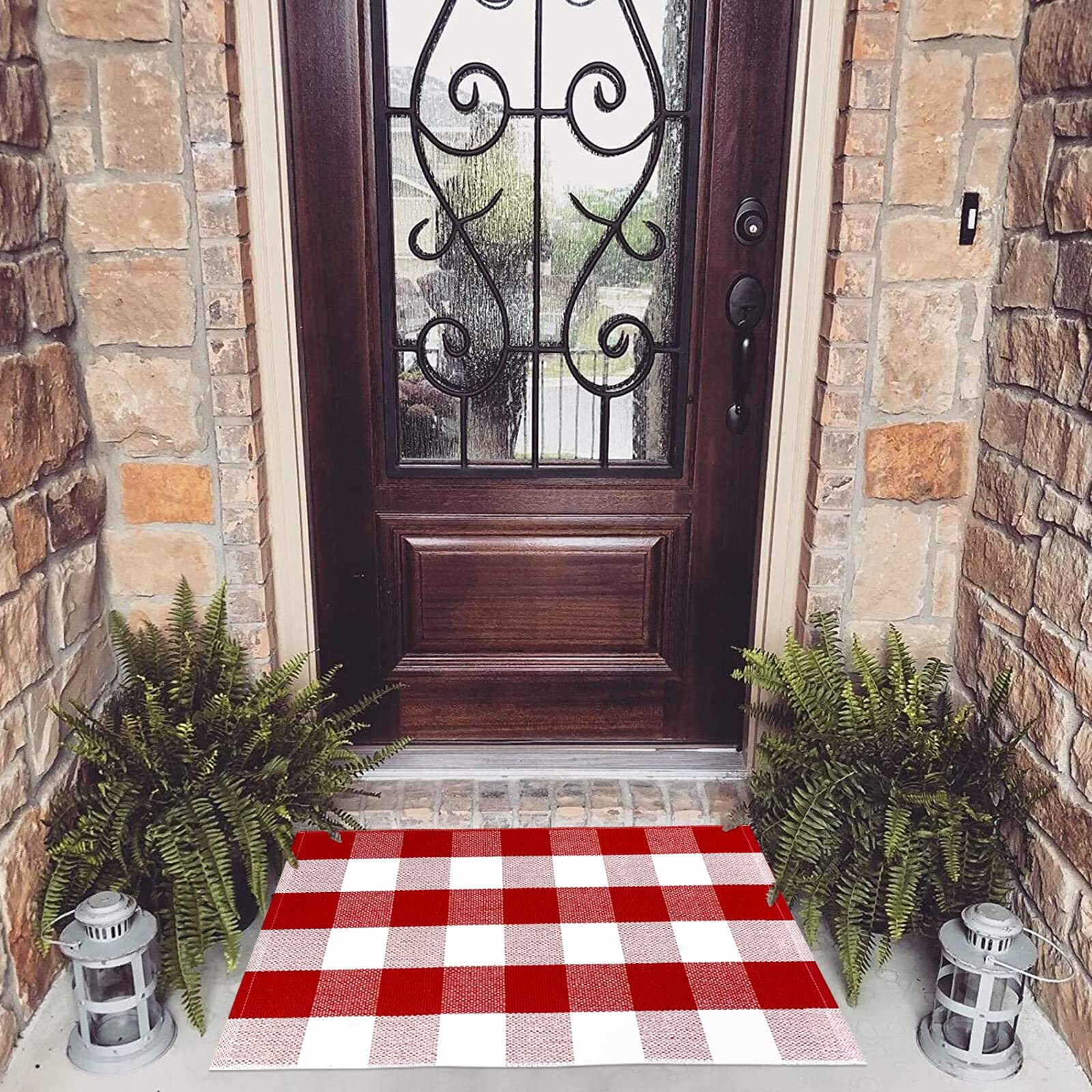 Ustide Buffalo Check Plaid Doormat Red And White 2'X3'Hand Woven Cotton Plaid Rugs Farmhouse Layered Door Perfect For Front Door Porch Outdoor Rug