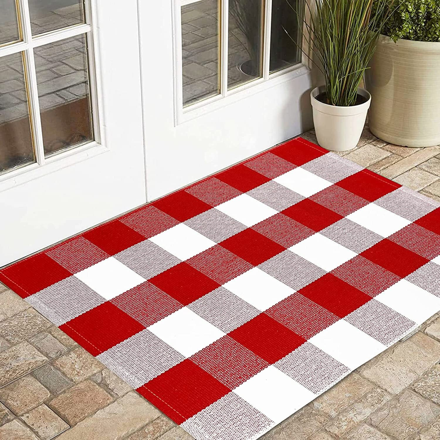 Ustide Buffalo Check Plaid Doormat Red And White 2'X3'Hand Woven Cotton Plaid Rugs Farmhouse Layered Door Perfect For Front Door Porch Outdoor Rug