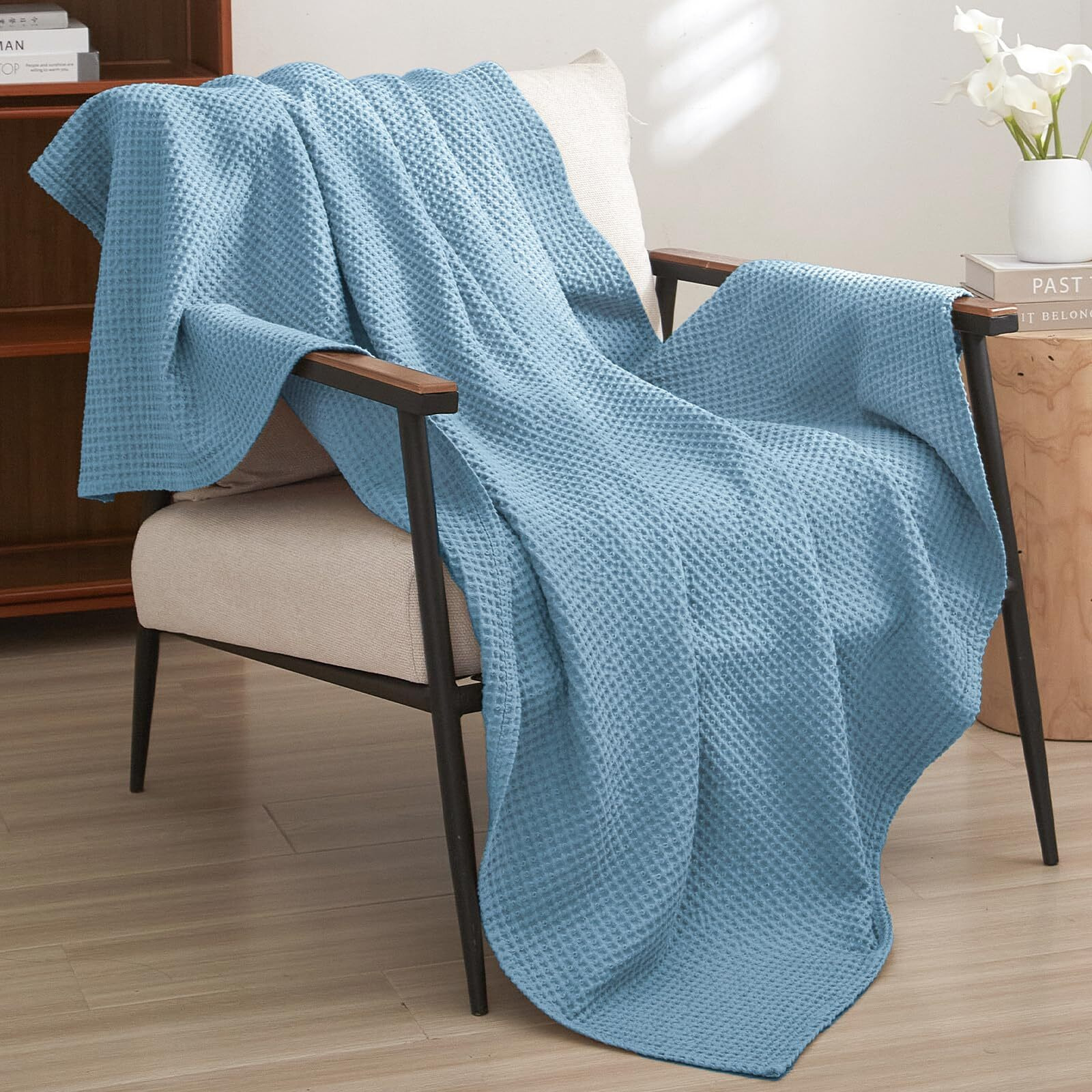 Phf 100% Cotton Waffle Weave Throw Blanket 50&quotX60" - Lightweight Cozy Washed Soft Breathable Throw - Great Layer For Couch Bed Sofa - Elegant Aesthetic Home Decoration Gift - Dusty Blue