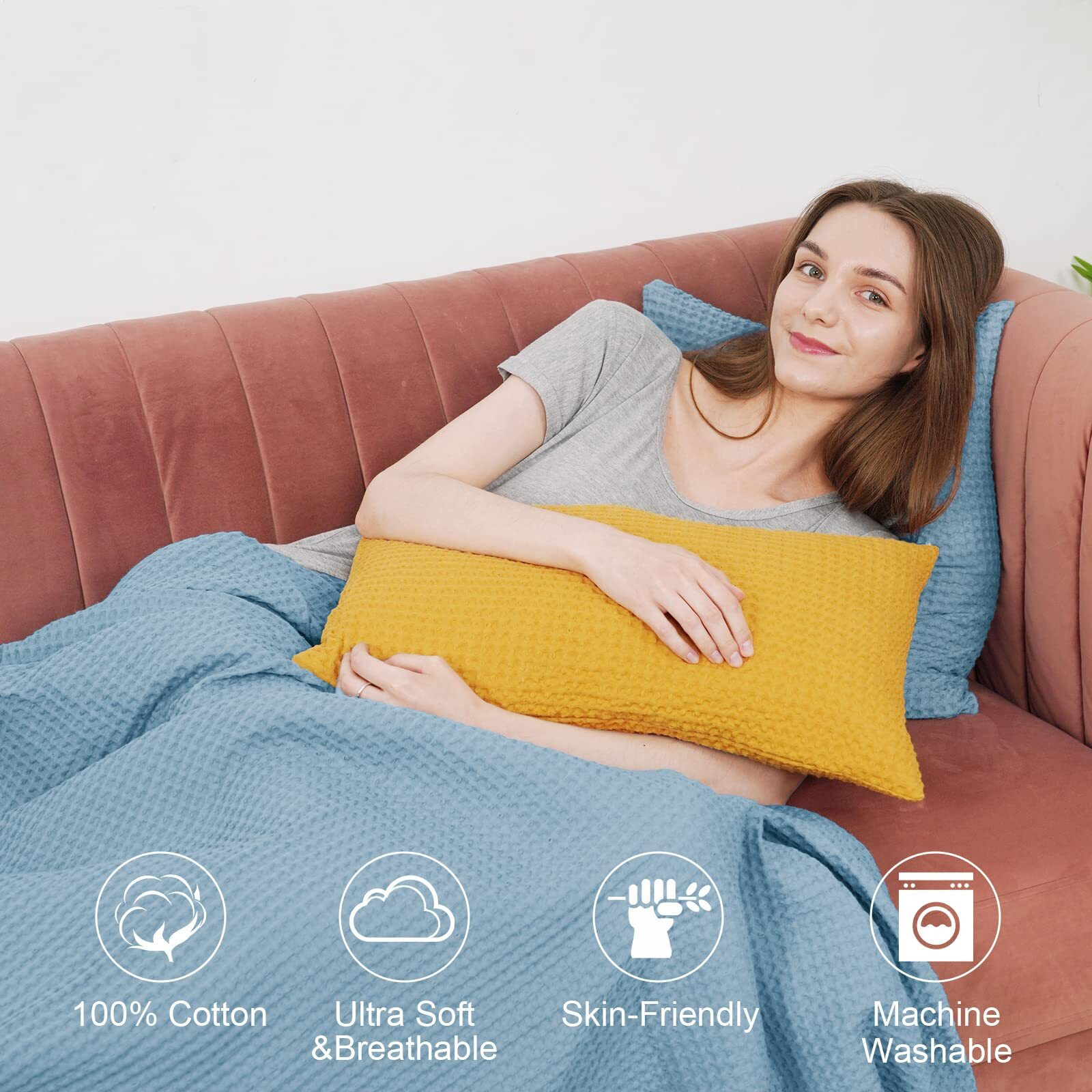 Phf 100% Cotton Waffle Weave Throw Blanket 50&quotX60" - Lightweight Cozy Washed Soft Breathable Throw - Great Layer For Couch Bed Sofa - Elegant Aesthetic Home Decoration Gift - Dusty Blue