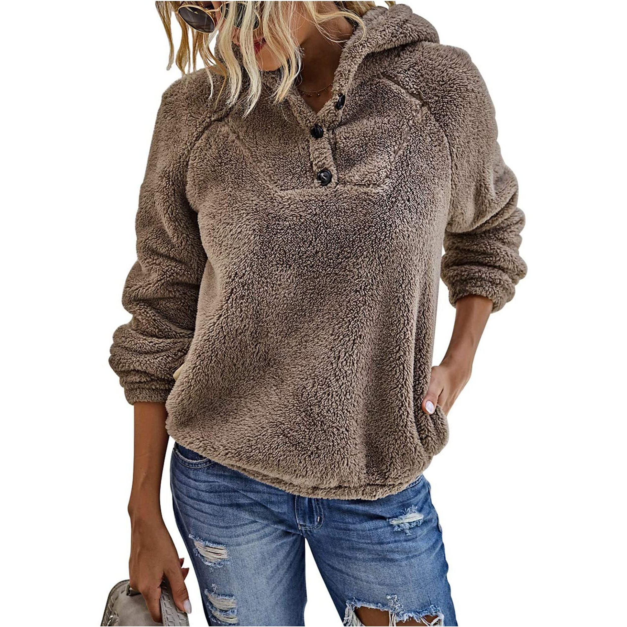 Kirundo Women's 2025 Winter Fuzzy Fleece Hoodies Sweatshirts Casual Long Sleeves Shaggy Sherpa Pullover With Pockets(Small, Button-Khaki)
