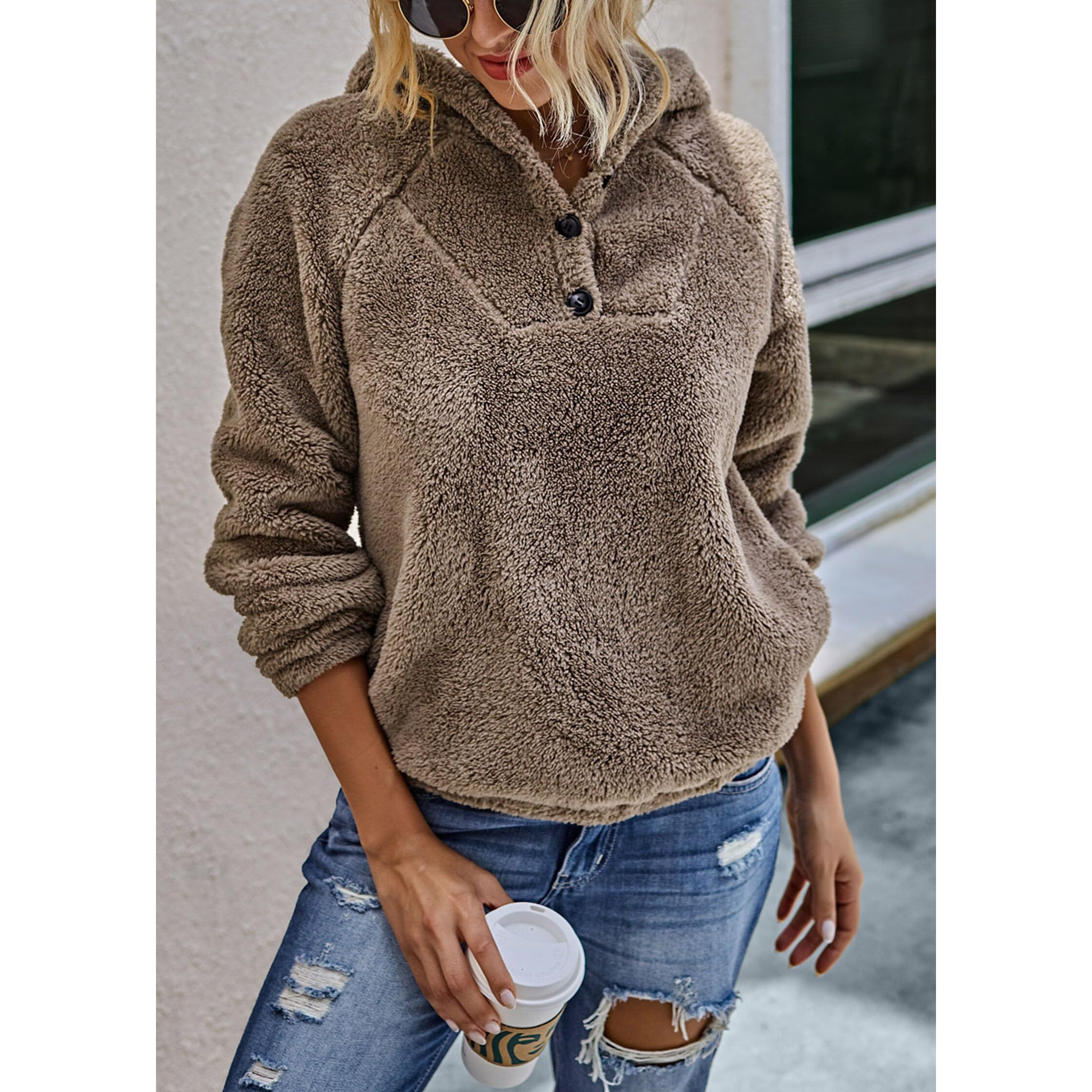 Kirundo Women's 2025 Winter Fuzzy Fleece Hoodies Sweatshirts Casual Long Sleeves Shaggy Sherpa Pullover With Pockets(Small, Button-Khaki)