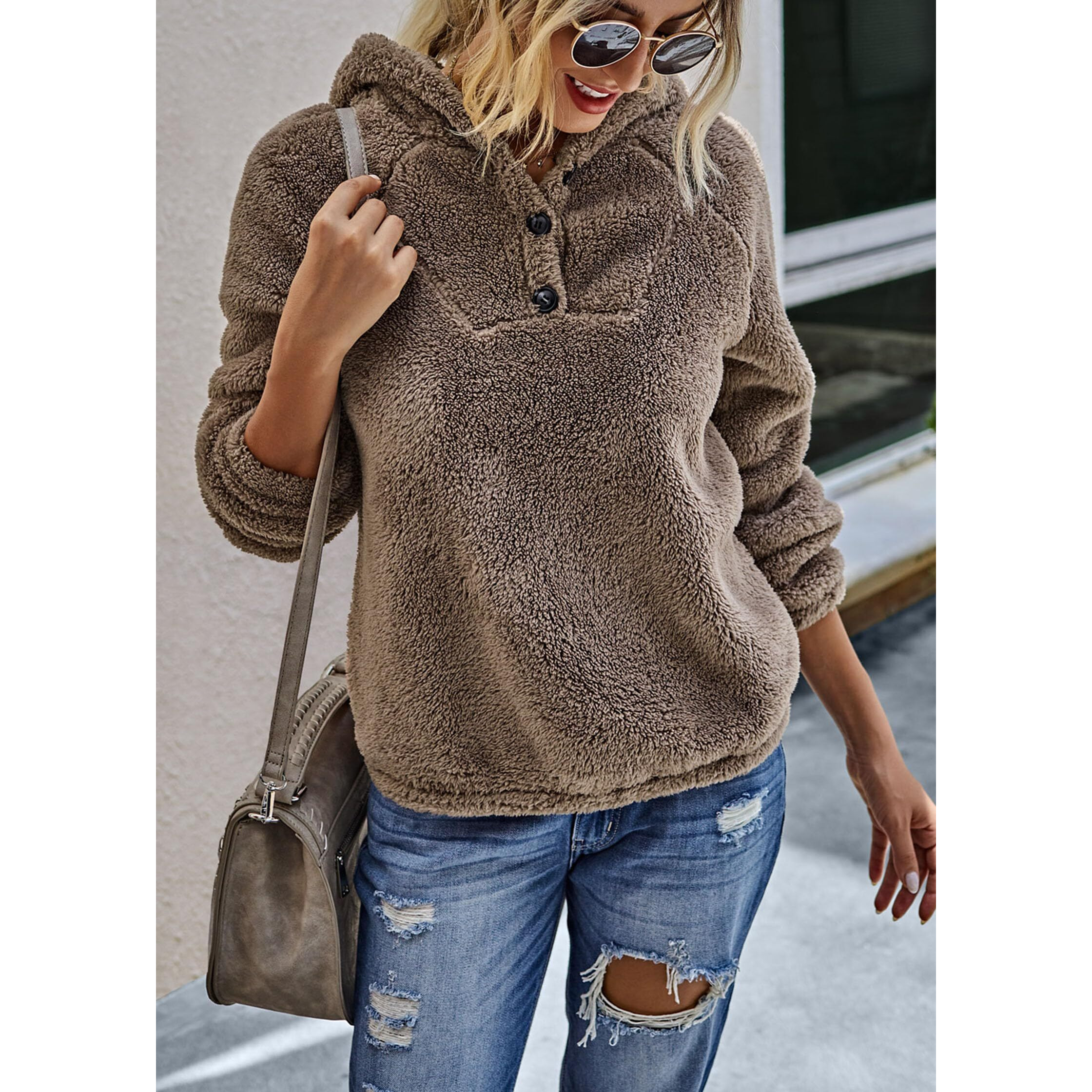 Kirundo Women's 2025 Winter Fuzzy Fleece Hoodies Sweatshirts Casual Long Sleeves Shaggy Sherpa Pullover With Pockets(Small, Button-Khaki)