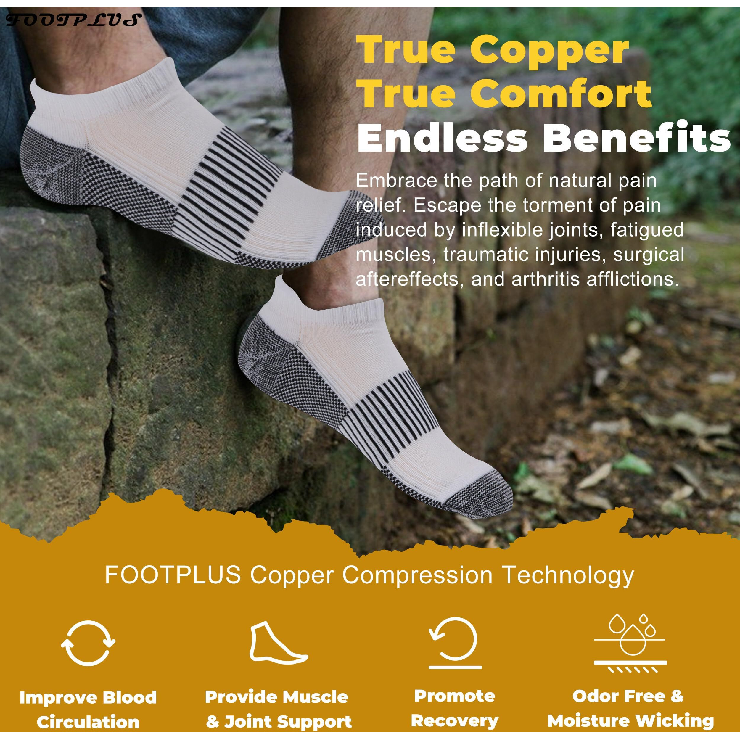 Footplus Running Socks, Men Women Boys Girls Copper Low Cut Odor Free Golf Tennis Socks Thick Cushioned Sole Yoga Gym Socks,Arch Support Marathon Jogging Hockey Socks,White&Black,Small/Medium