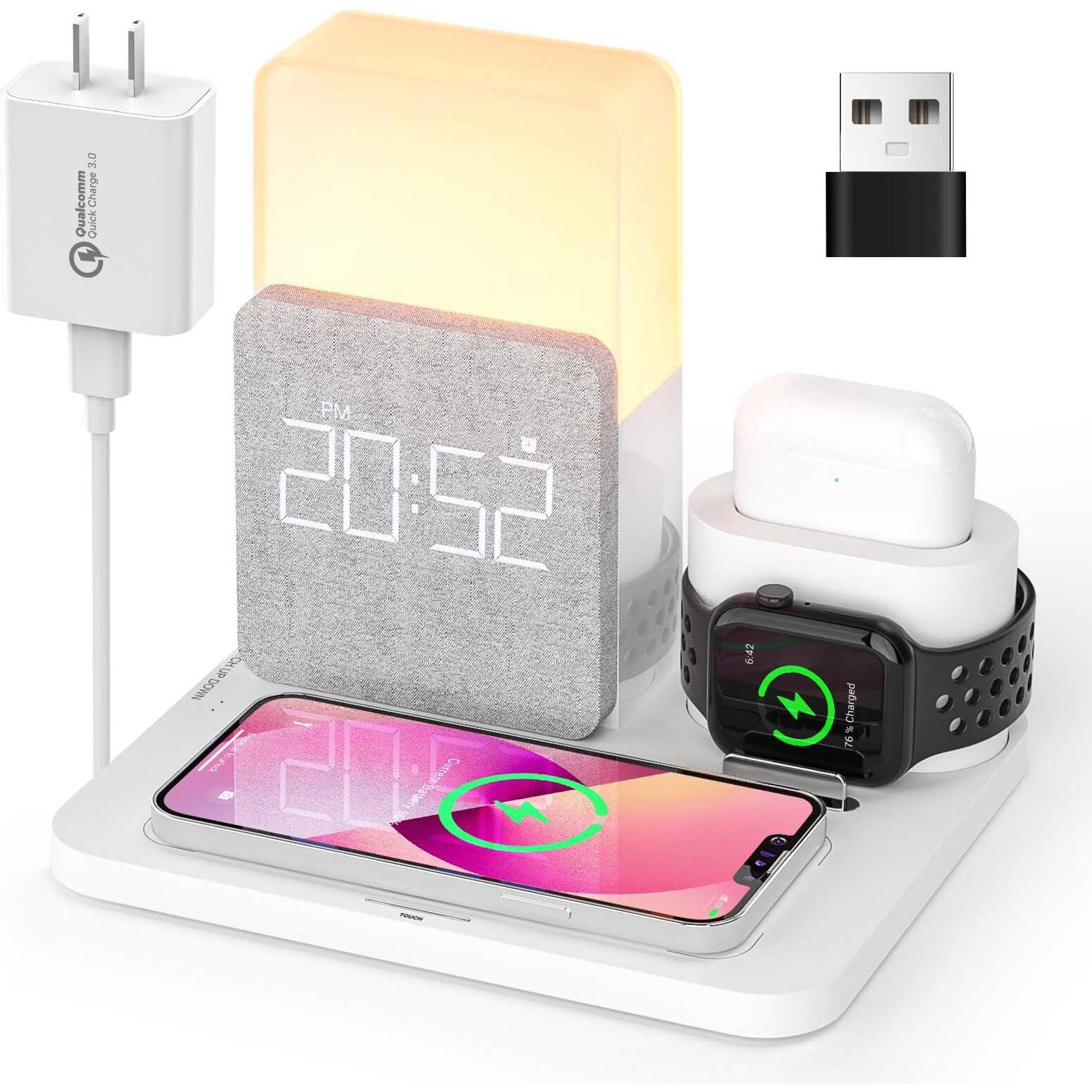 2023 Newest Uv-CoatingColsur Wireless Charging Station, 3 In 1 Charging Station, Alarm Clock With Wireless Charger, Iphone 12/13/14/15 Pro/13 Mini/13 Pro Max/12 Pro, Airpods(Qc3.0 Adapter Included)