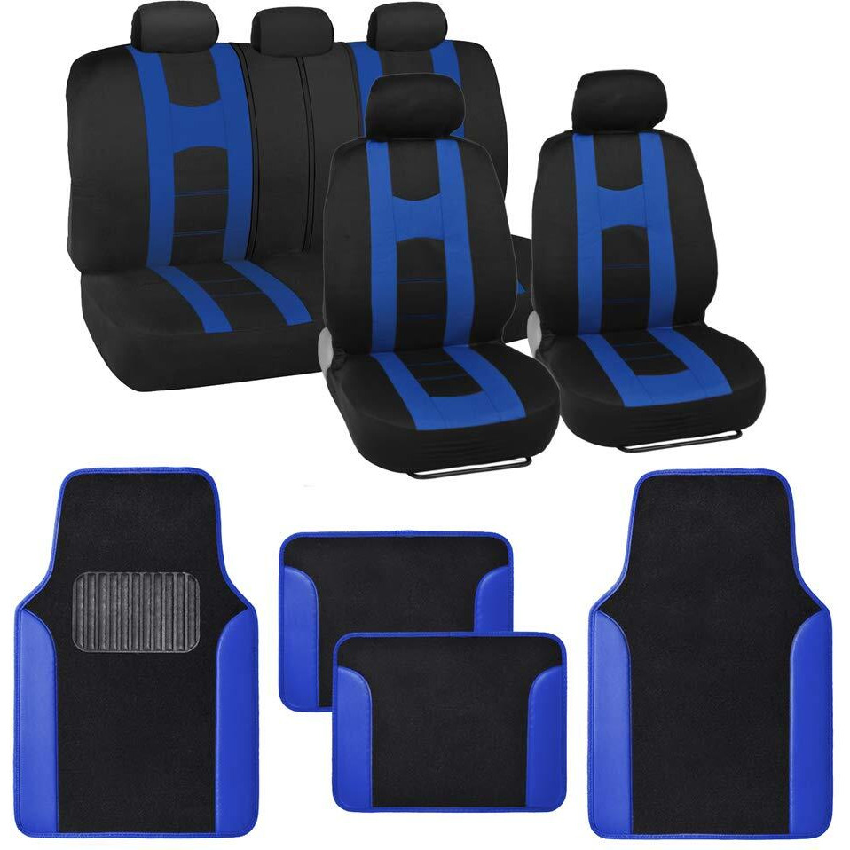 Carxs Forza Series Blue Seat Covers Full Set Combo With Car Floor Mats - Front And Rear Bench Seat Cover & Floor Mat Protector Set, Interior Covers For Auto Truck Van Suv