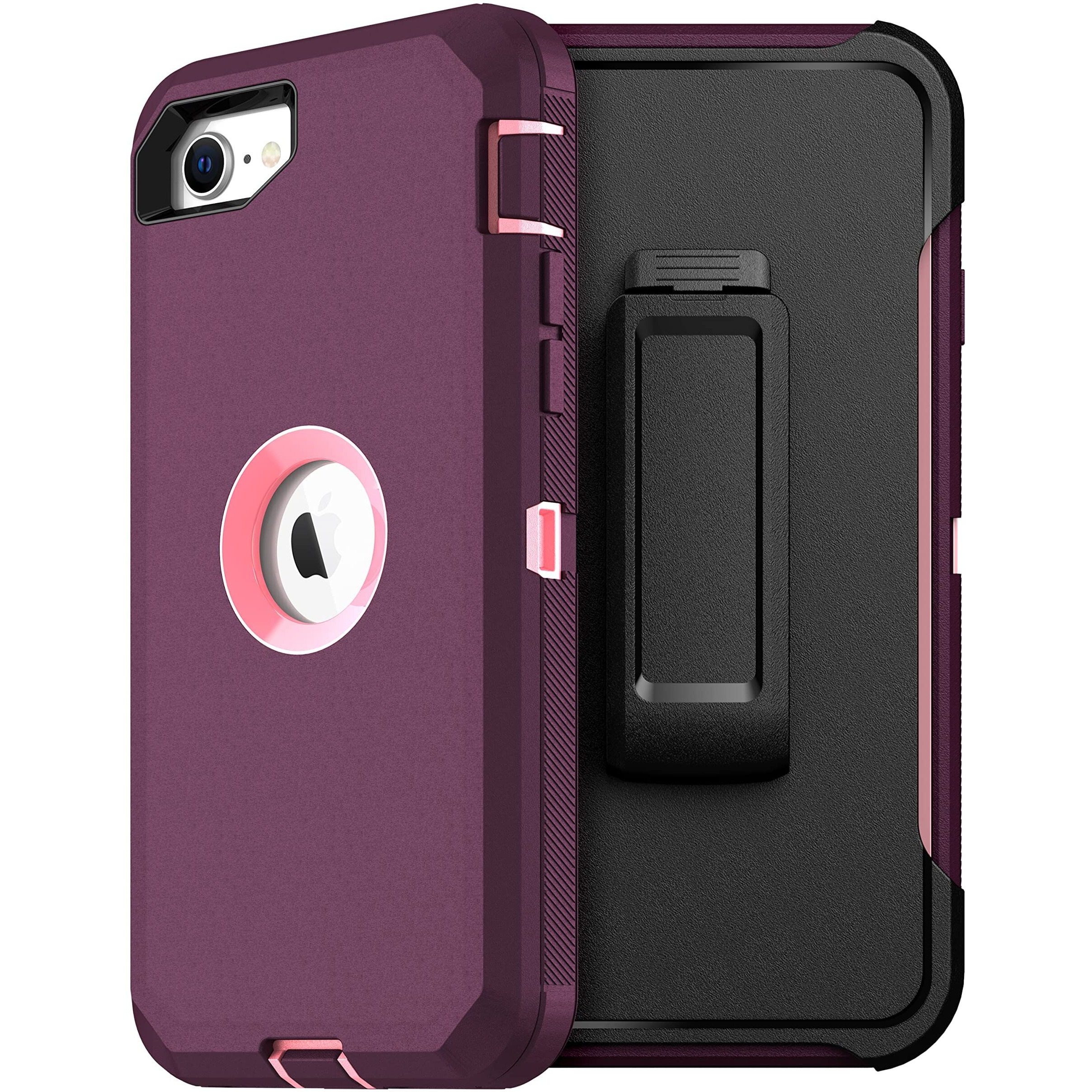 Mxx Iphone Se 2022 Se 2020 Heavy Duty Protective Case With Screen Protector 3 Layers] Rugged Rubber Shockproof Protection Cover & Rotating 360 Degree Belt Clip For Apple Iphone Se (Plumlight Pink)