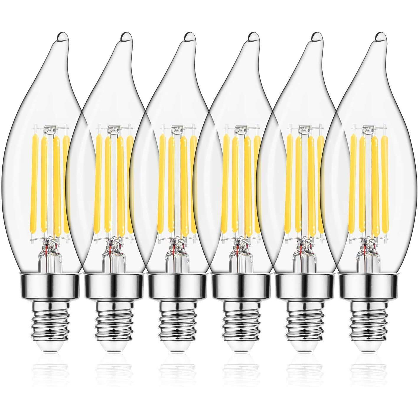 E12 Led Candelabra Bulb 60W Equivalent Dimmable Led Chandelier Light Bulbs 4.5W 2700K Soft White 500Lm B10 Flame Tip Vintage Led Filament Candle Bulb With Decorative E12 Candelabra Base, 6 Pack