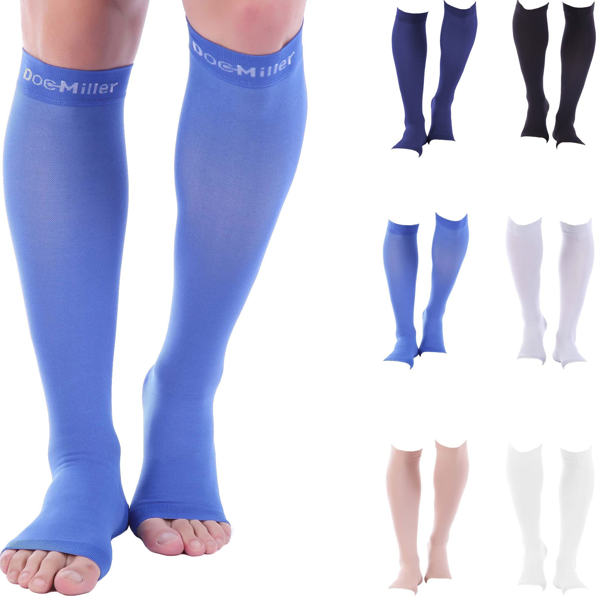 Doc Miller Open Toe Compression Socks Women And Men 30-40Mmhg, Knee High Toeless Socks, Recovers Shin Splints, Achilles Tendon And Varicose Veins 1 Pair Large Blue