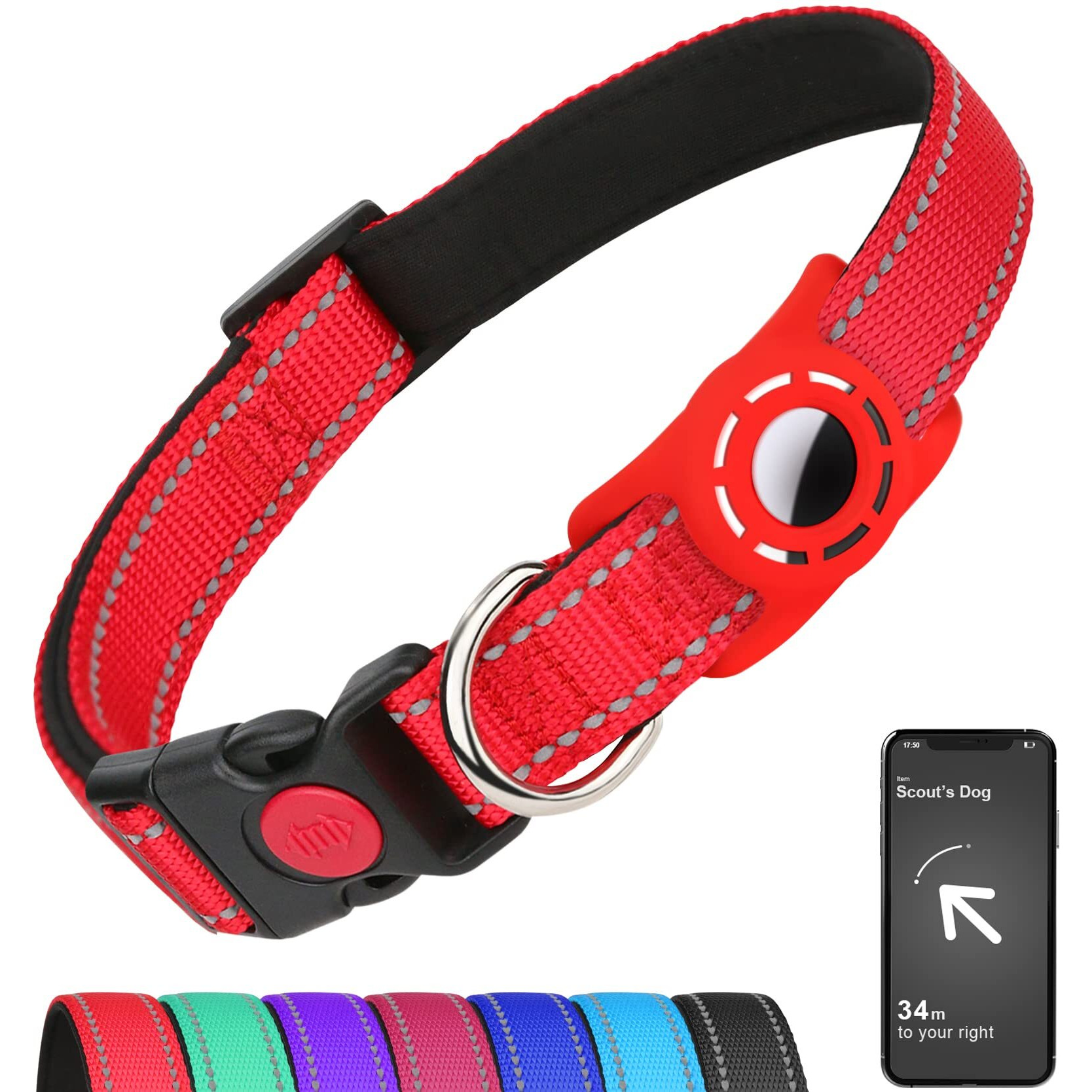 Erbine Airtag Dog Collar For Small Dogs, Reflective Dog Collars With Airtag Holder, Soft Padded & Safety Locking Buckle, Nylon Pet Collar Adjustable For All Breeds, Red