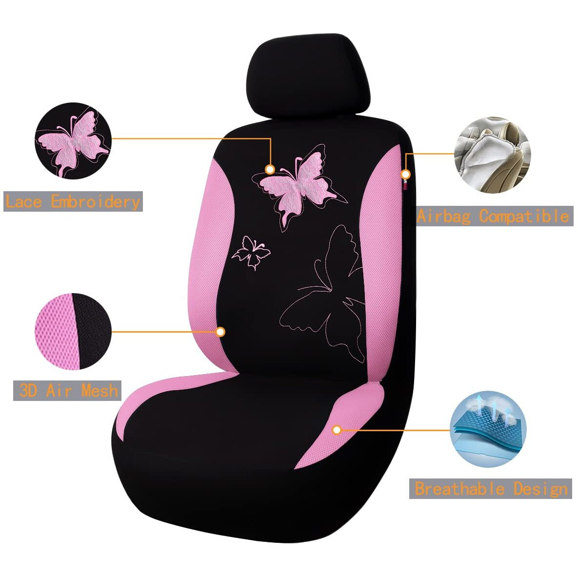 Flying Banner Butterfly Car Seat Covers Ful Set Fashion Universal Lady Woman Female Rear Bench Split Colorized (Pink, 2 Fronts - Lace)