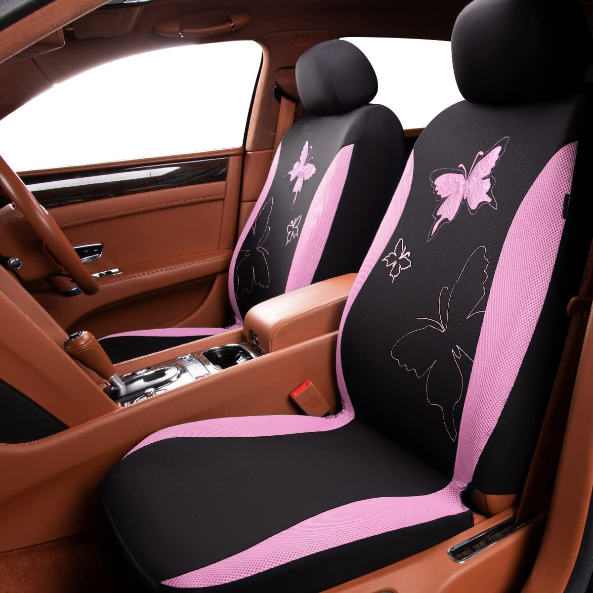 Flying Banner Butterfly Car Seat Covers Ful Set Fashion Universal Lady Woman Female Rear Bench Split Colorized (Pink, 2 Fronts - Lace)