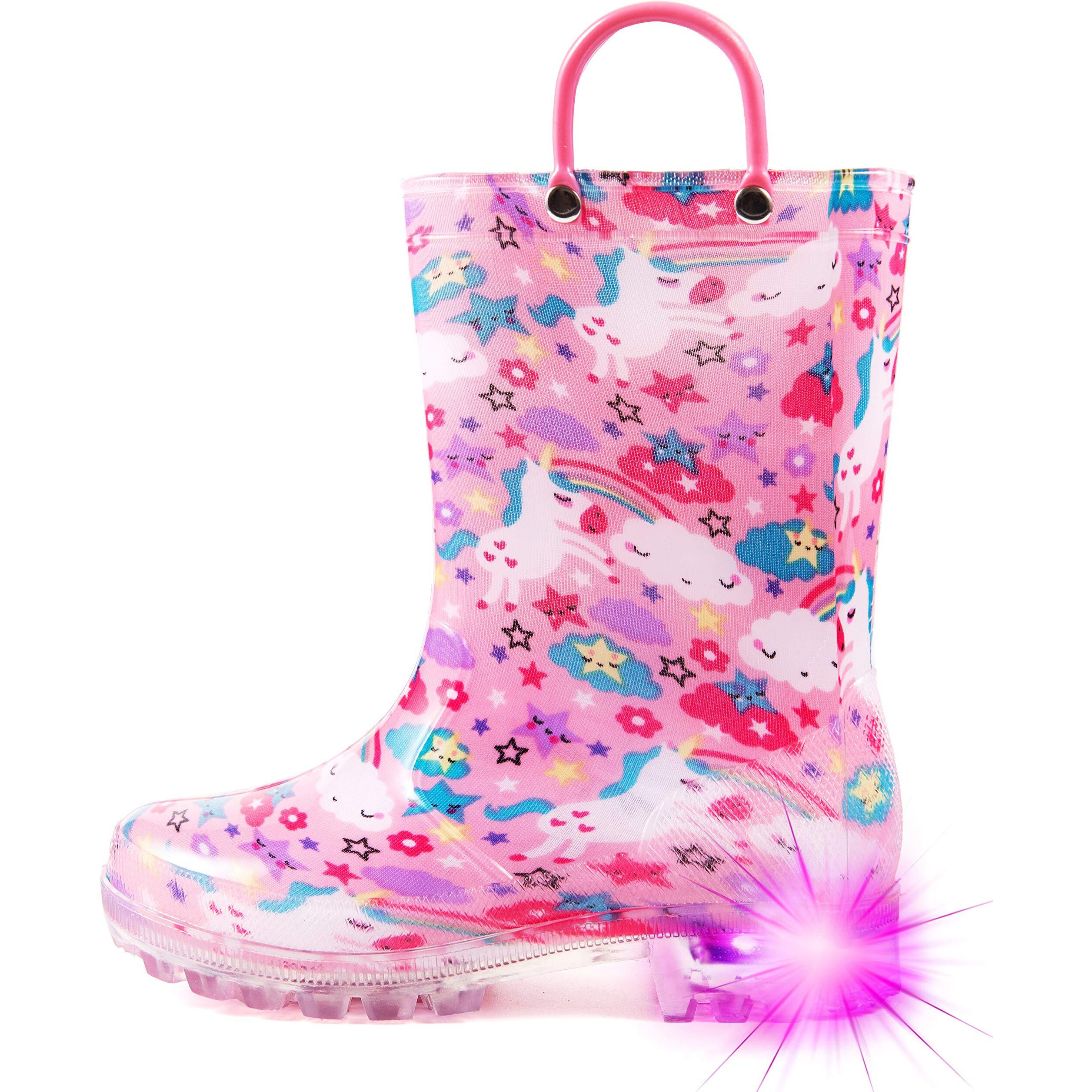 Hugrain Kids Girls Boys Rain Boots Toddler Light Up Printed Waterproof Shoes Lightweight Adorable Cute Pink Unicorn Rubber With Easy-On Handles And Insole (Size 12,Pink)