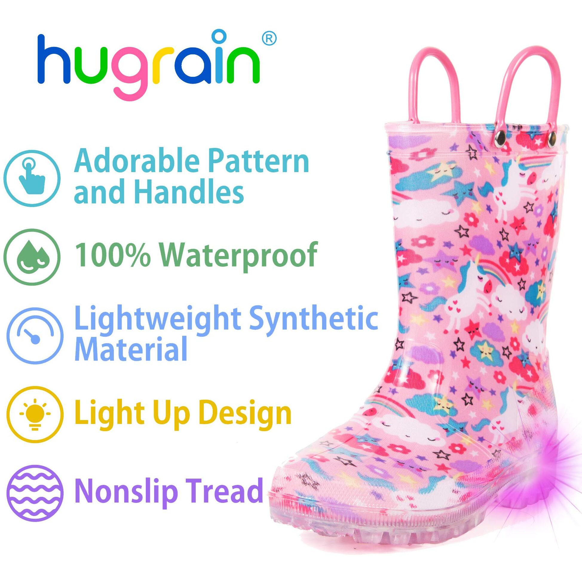 Hugrain Kids Girls Boys Rain Boots Toddler Light Up Printed Waterproof Shoes Lightweight Adorable Cute Pink Unicorn Rubber With Easy-On Handles And Insole (Size 12,Pink)