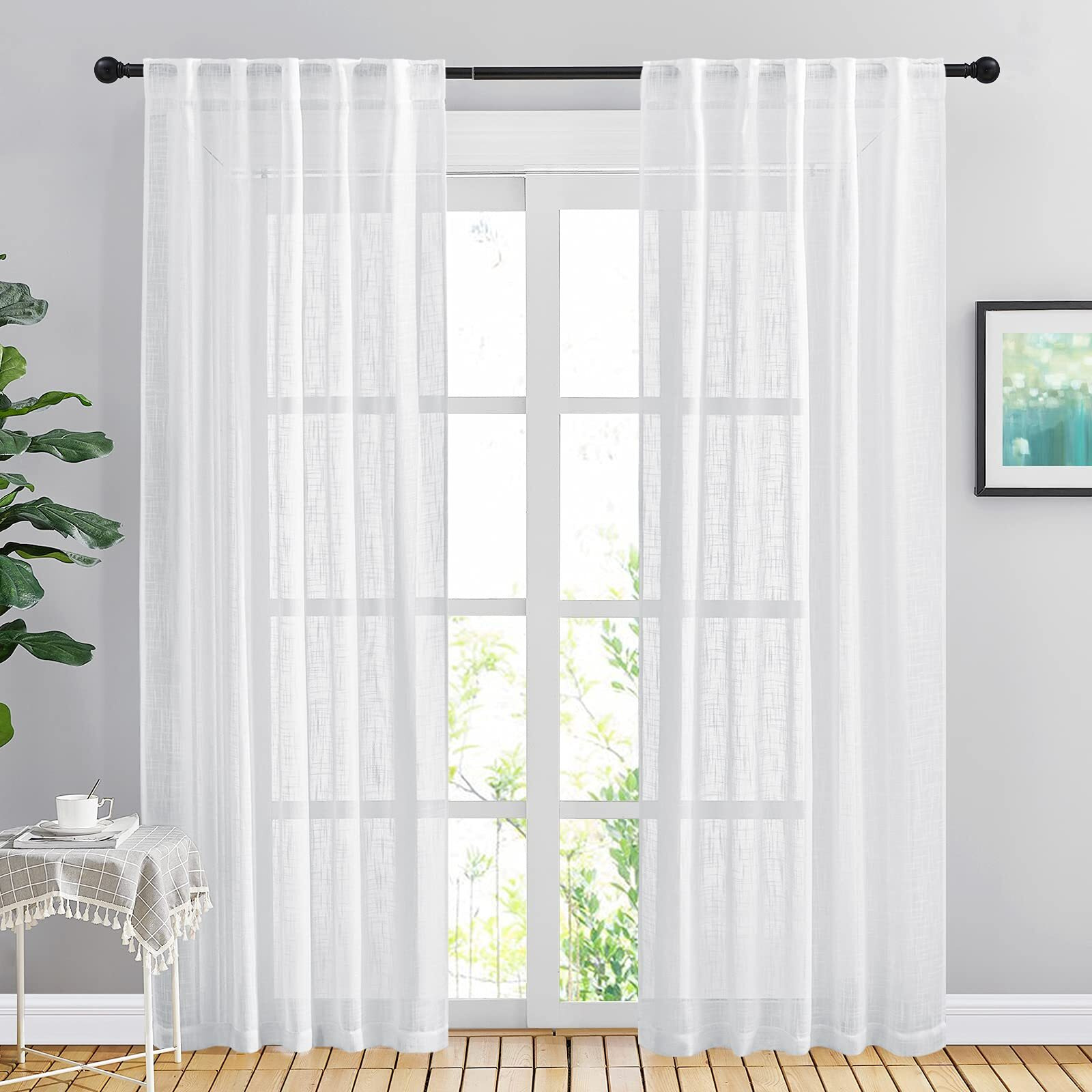 Nicetown White Curtains 84 Inches Long For Living Room, Rod Pocket & Back Tab Semi Sheer Linen Curtains Vertical Drapes Privacy With Light Through For Hall/Villa, 42" W X 84" L, 2 Panels