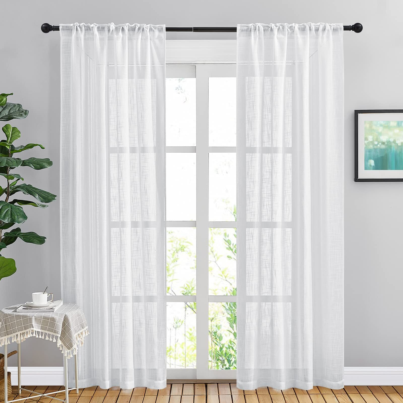 Nicetown White Curtains 84 Inches Long For Living Room, Rod Pocket & Back Tab Semi Sheer Linen Curtains Vertical Drapes Privacy With Light Through For Hall/Villa, 42" W X 84" L, 2 Panels