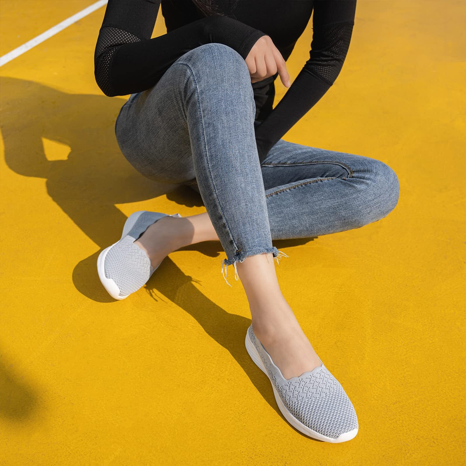 Poemlady Women's Slip On Loafer Shoes - Mesh Casual Ballet Flat Nurse Walking Sneakers Knit Round Toe Casual Low Wedge Wide Shoes, 1906 A/Gray 7