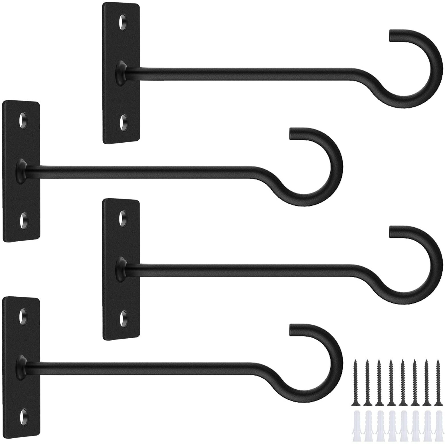 Qtjust Wall Hook For Hanging Plant Bracket 6Inch Metal Plant Hook Decorative Wall-Plant Wall Hanger Forhanging Lanterns, Bird Feeder, Flower Basket, Home Decor Indoor & Outdoor 4 Pack(Black)
