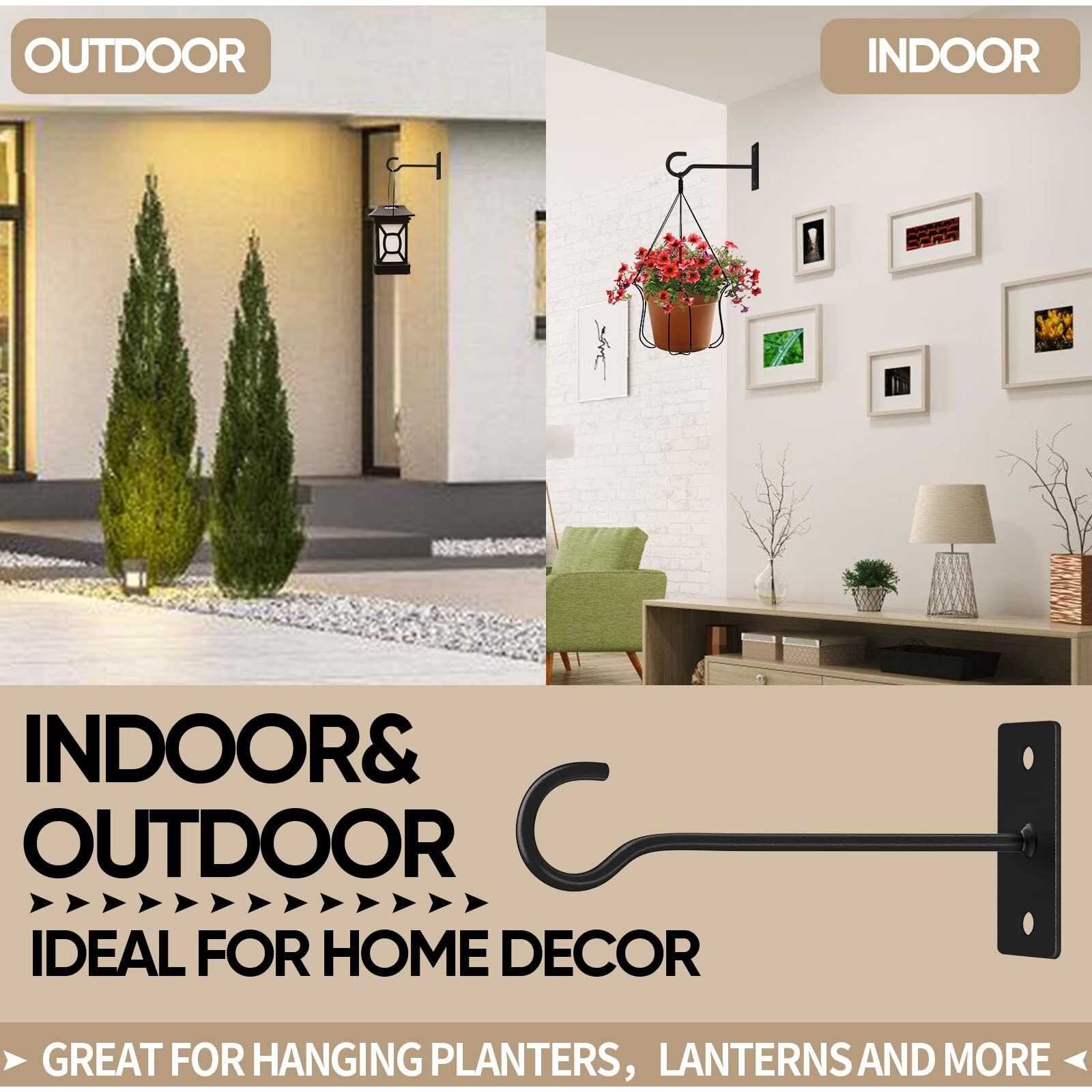 Qtjust Wall Hook For Hanging Plant Bracket 6Inch Metal Plant Hook Decorative Wall-Plant Wall Hanger Forhanging Lanterns, Bird Feeder, Flower Basket, Home Decor Indoor & Outdoor 4 Pack(Black)