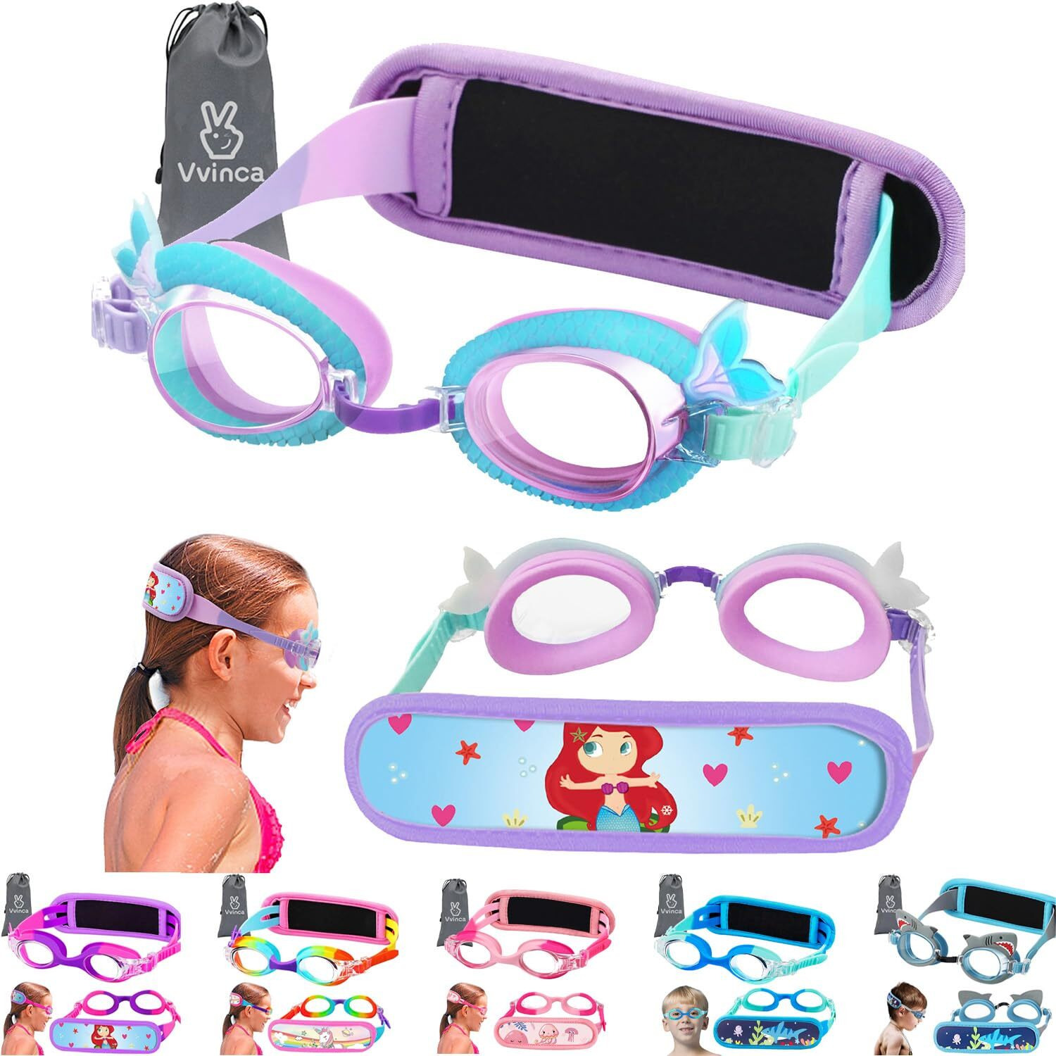 Vvinca Kids Swim Goggles With Fabric Strap No Tangle Pain-Free, Anti-Fog Swimming Pool Goggle No Leak For Toddlers Girls Boys