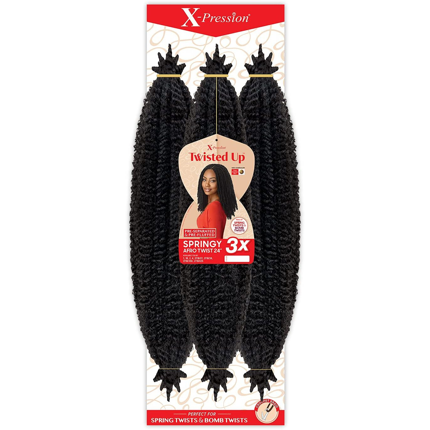 X-Pression Braid Outre Crochet Braids X-Pression Twisted Up 3X Springy Afro Twist 24 Inch (3-Pack, 2T1B/Pur)