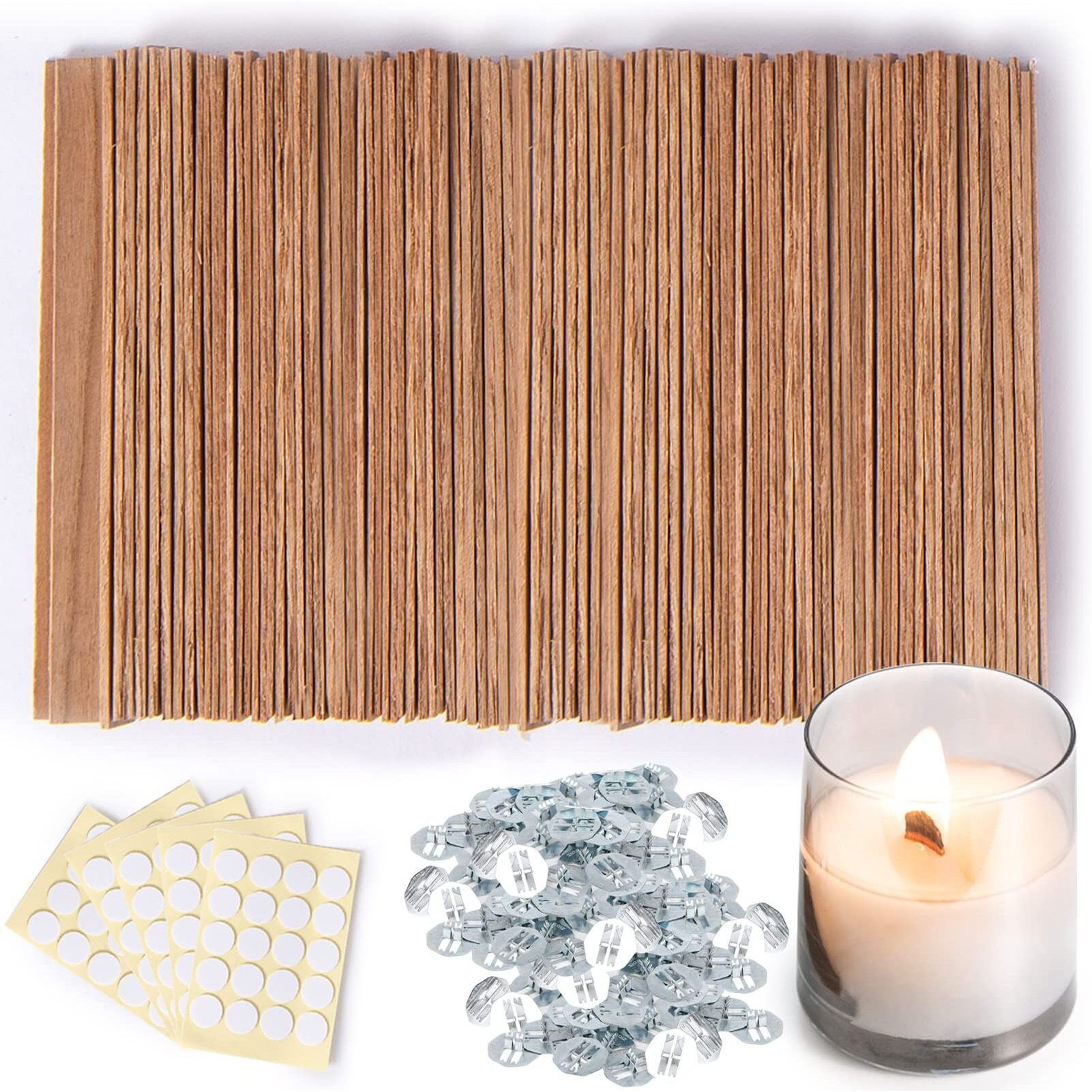 Ziosxin 300 Thicken Smokeless Wooden Candle Wicks - Long Lasting Flame - Easily Burn, 1.2Mm Thickness 5.1" X 0.5" Candle Cores With Iron Stand And Glue Dot For Diy Candle Making Craft