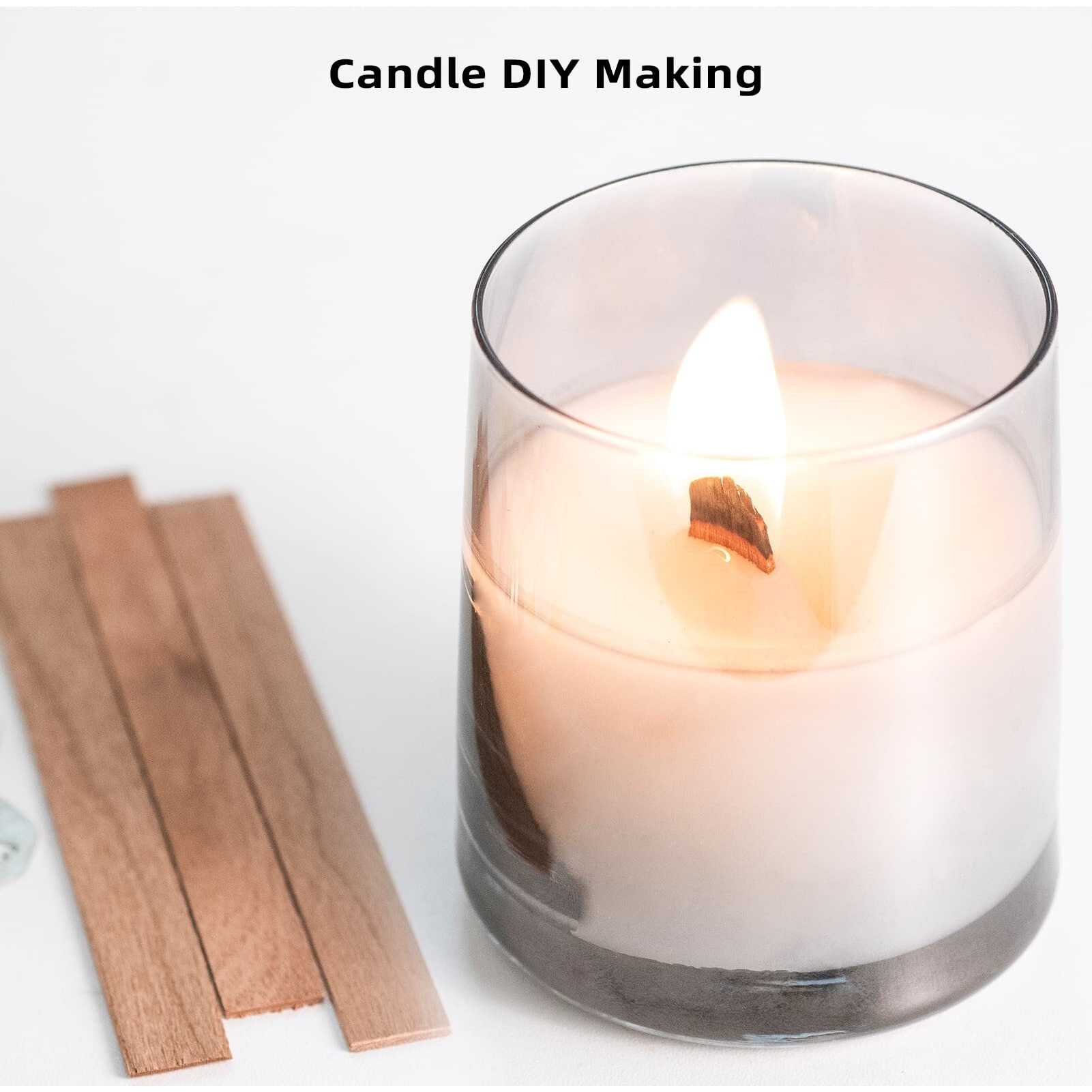 Ziosxin 300 Thicken Smokeless Wooden Candle Wicks - Long Lasting Flame - Easily Burn, 1.2Mm Thickness 5.1" X 0.5" Candle Cores With Iron Stand And Glue Dot For Diy Candle Making Craft