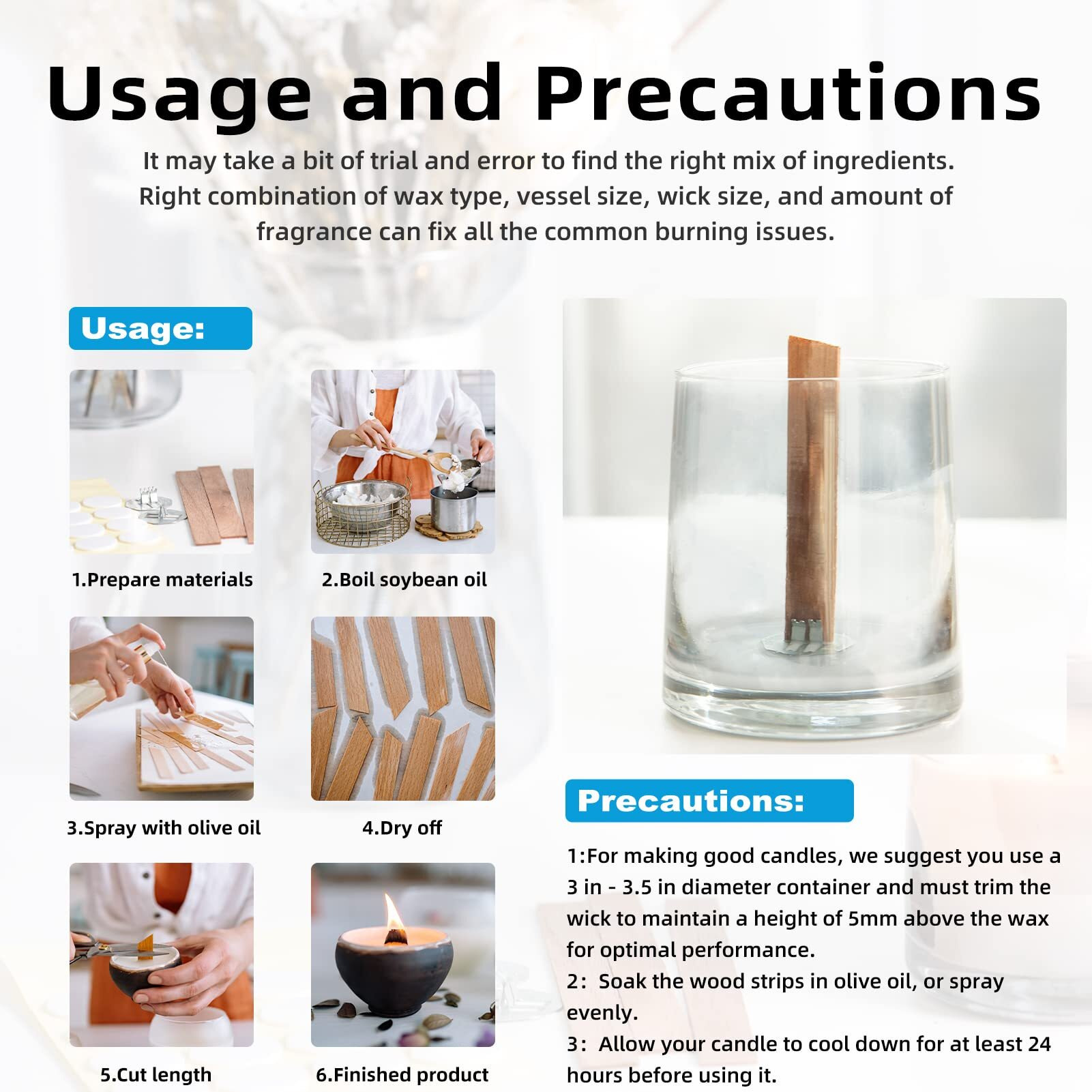 Ziosxin 300 Thicken Smokeless Wooden Candle Wicks - Long Lasting Flame - Easily Burn, 1.2Mm Thickness 5.1" X 0.5" Candle Cores With Iron Stand And Glue Dot For Diy Candle Making Craft