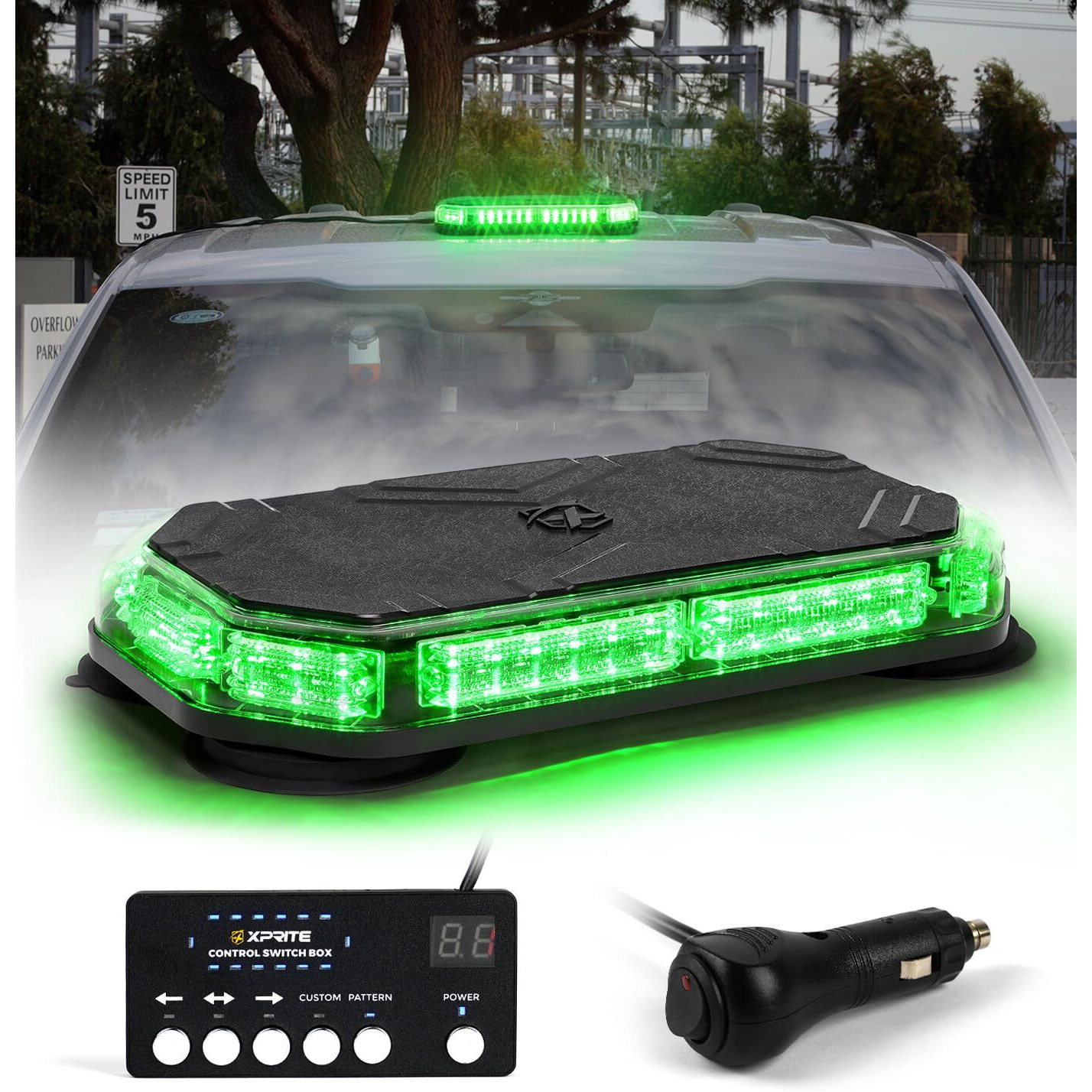 Xprite Rooftop Strobe Beacon Light Bar W/Control Panel, 42 Led Hazard Warning Emergency Flashing Plow Light For Snowplow Law Enforcement Pov Vehicles Tow Trucks Postal Cars (Green)