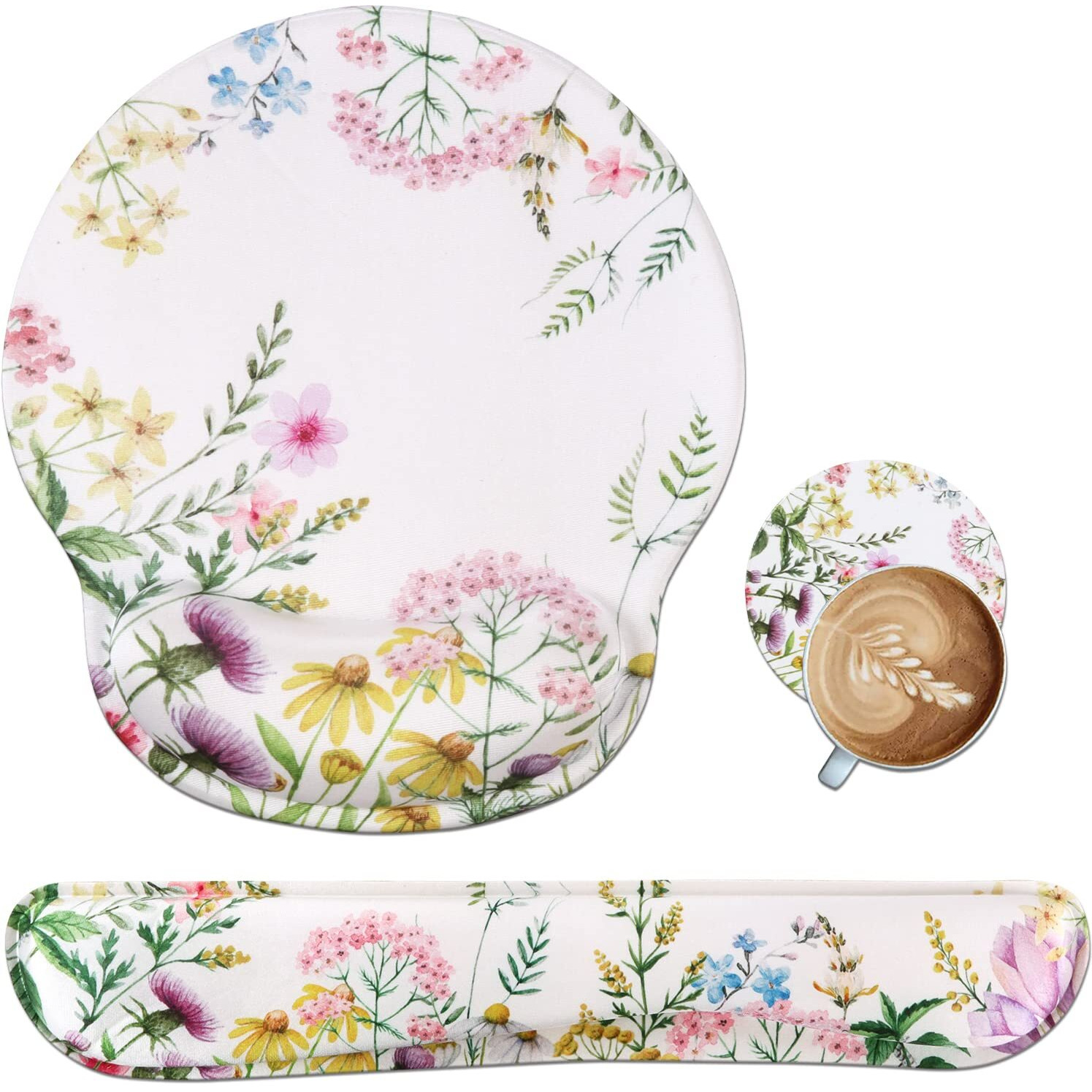 Ileadon Mouse Pad With Wrist Support Keyboard Wrist Rest Set, Ergonomic Mouse Pad With Non-Slip Base For Computer Laptop Home Office + Coasters, Easy Typing & Pain Relief Mouse Mat, Wild Flowers