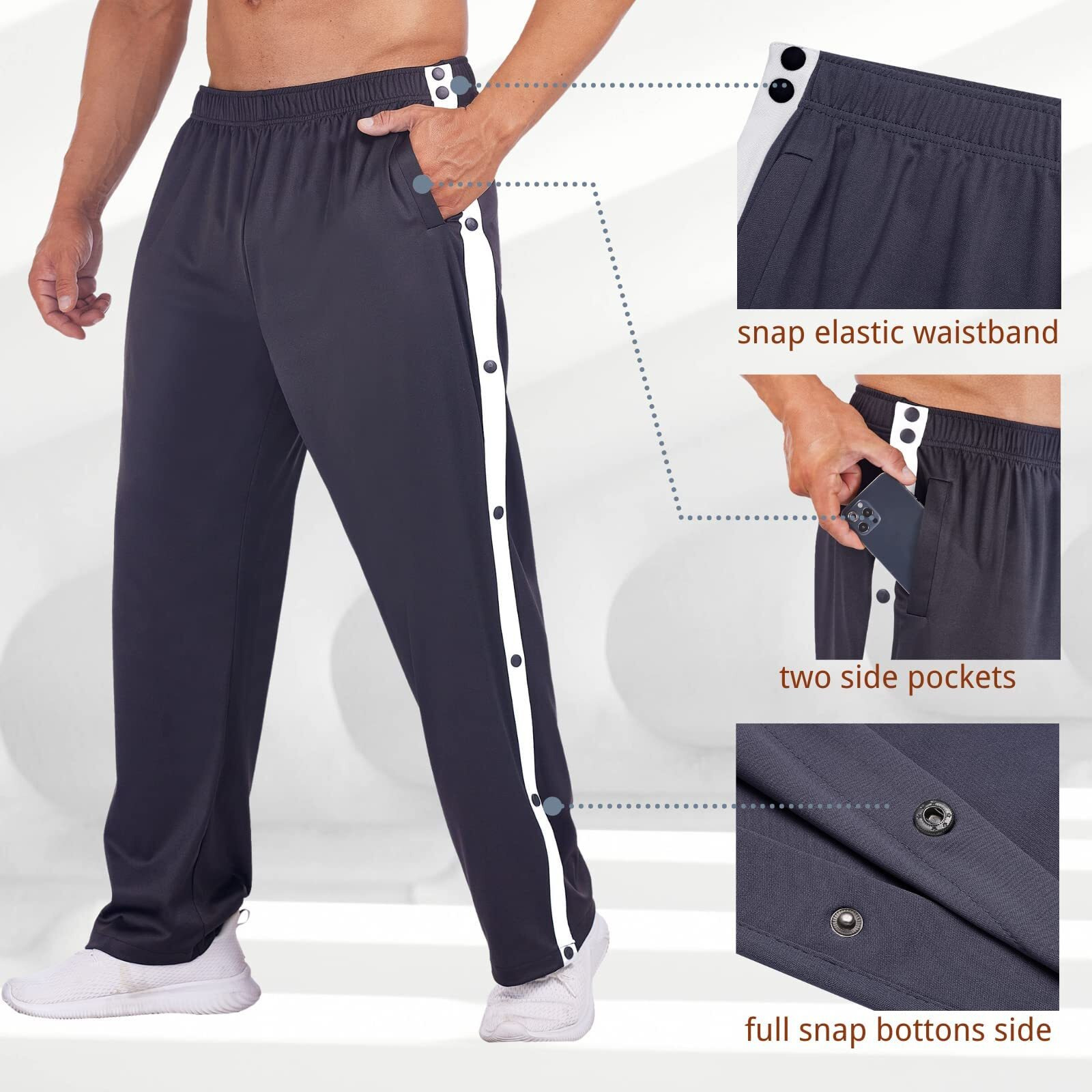 Deyeek Men's Tear Away Basketball Pants High Split Snap Button Casual Post-Surgery Sweatpants With Pockets Navy Blue