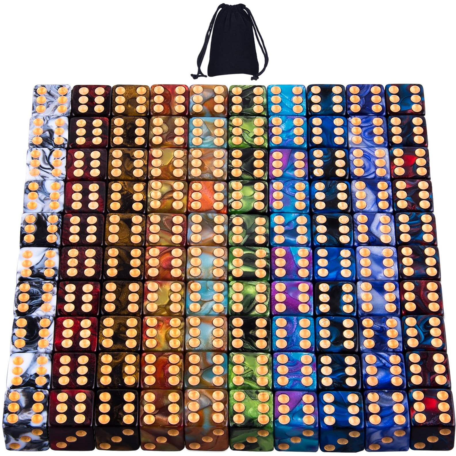 Austor 100 Pcs 6 Sided Dice Set 10 Two Tone Colors Dice With Gold Pips Square Corner Dice(Free Pouch)