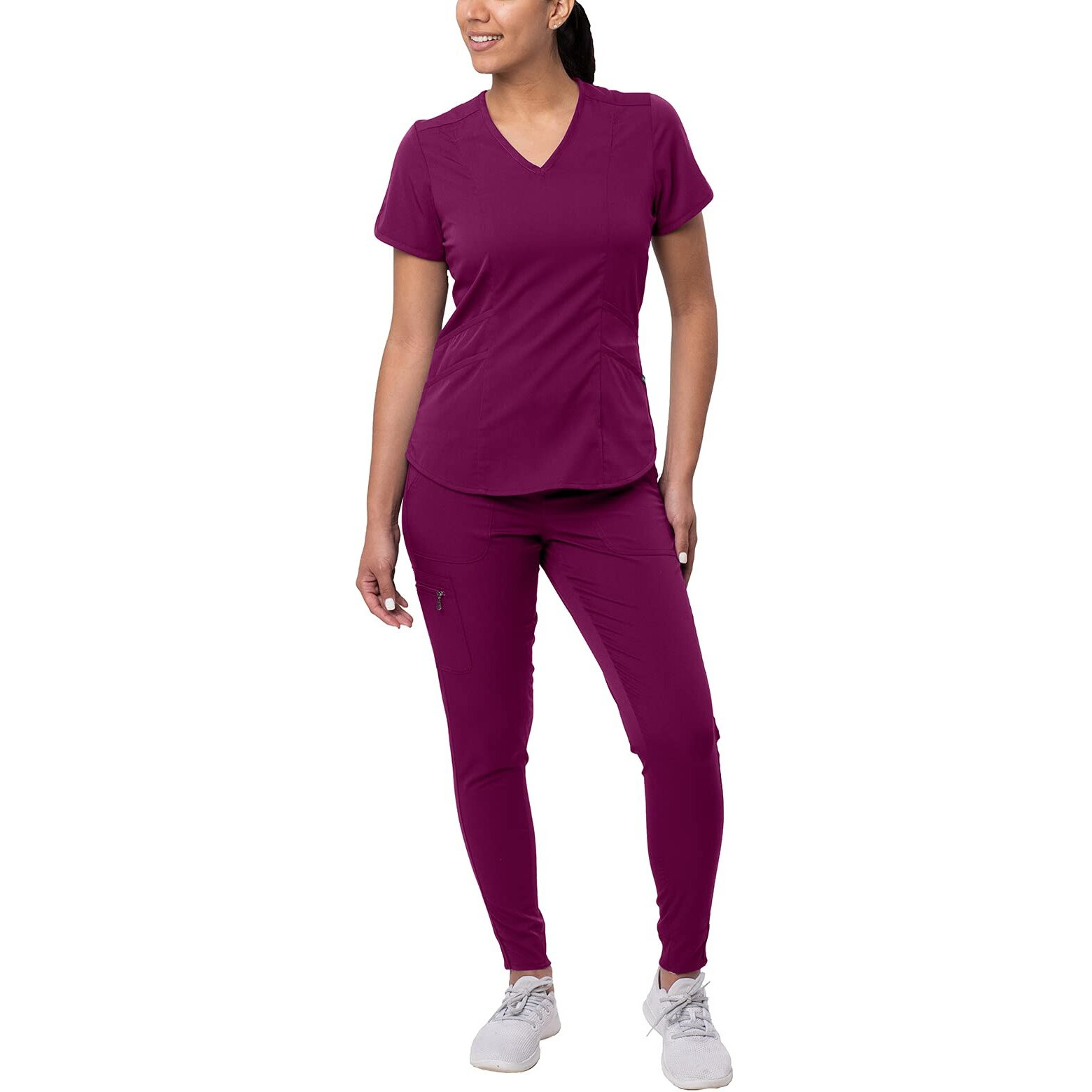 Adar Pro Modern Athletic Scrub Set For Women - Modern V-Neck Scrub Top & Yoga Jogger Scrub Pants - P9500 - Wine - 2X