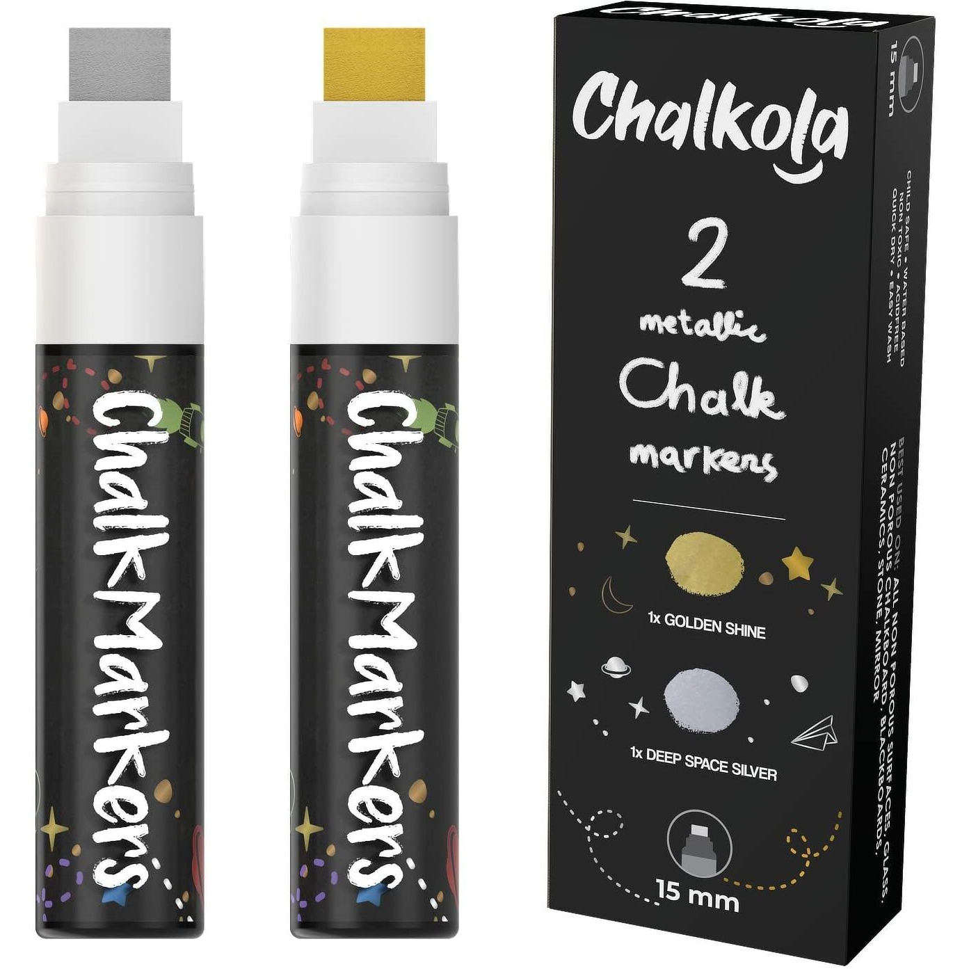 Metallic Chalk Markers (2 Pack) Liquid Chalk Pens For Blackboards, Chalkboard, Bistro Menu, Window Markers For Cars - Wet Wipe Erasable - 15Mm Jumbo Nib