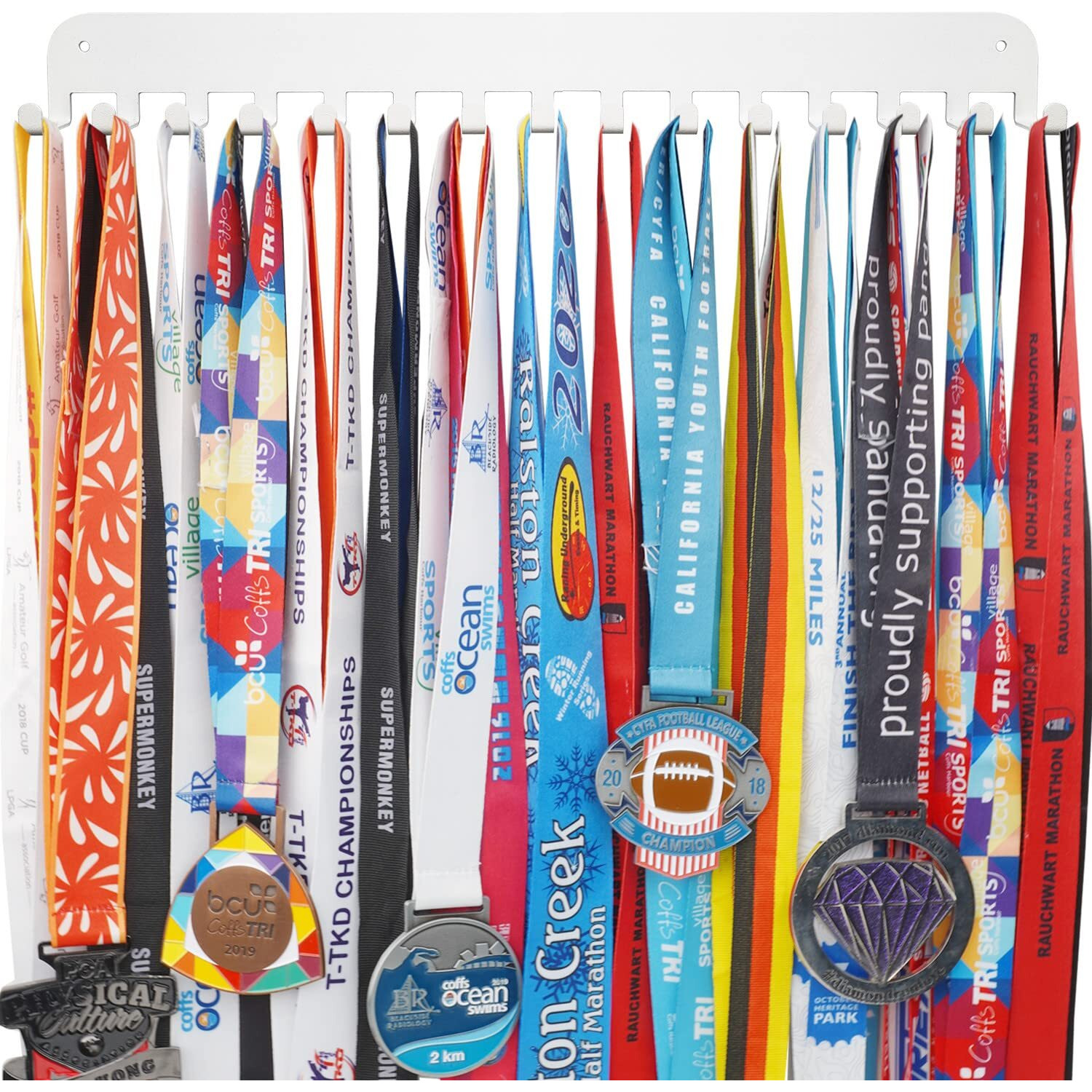 Lapetale Fashion Sports White Medal Hanger Display,White Medal Holder Display With 15 Hooks,White Medal Holder Race Medal Display Upgraded For Gymnastic Soccer Running Marathon Runners