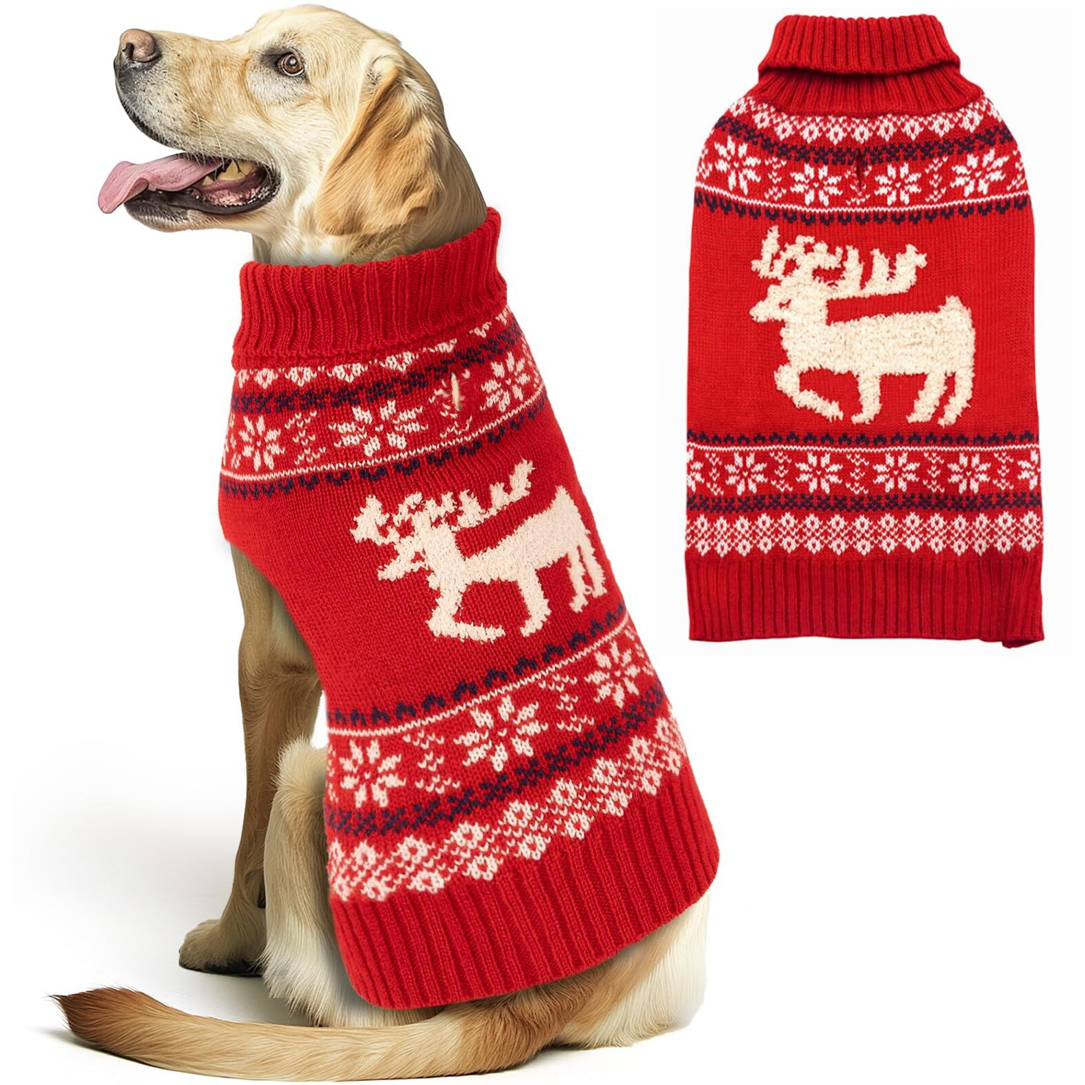 Kyeese Dog Sweater Christmas With Leash Hole Reindeer Dog Knitwear Turtleneck For Holiday Dog Christmas Outfit,Reindeer,Xxl