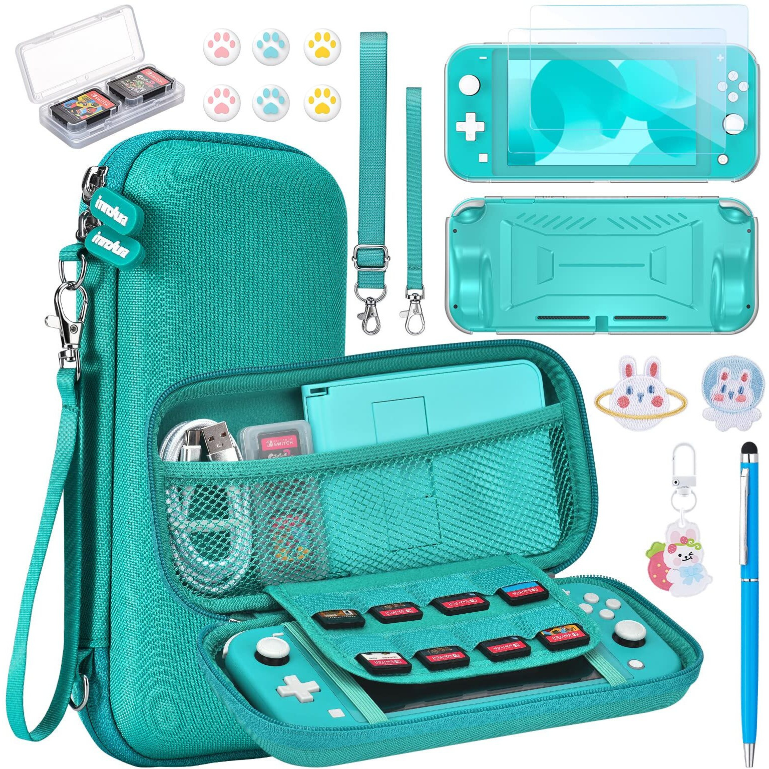 Switch Lite Case - Innoaura 15 In 1 Switch Lite Accessories Bundle With Switch Lite Carrying Case, Switch Game Case, Switch Lite Screen Protector, Switch Stand, Switch Thumb Grips (Turquoise)