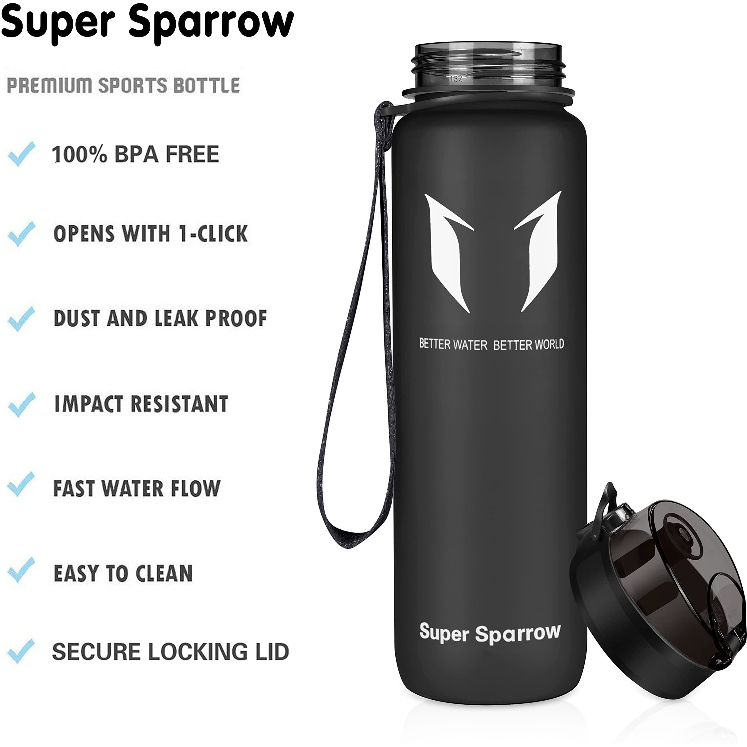 Super Sparrow Water Bottle - 32 Oz - Bpa & Toxic Free Tritan Water Bottles - One Touch Opening - Leak-Proof Plastic Bottle - Kids Water Bottle For Office, Gym, Outdoor, Sports
