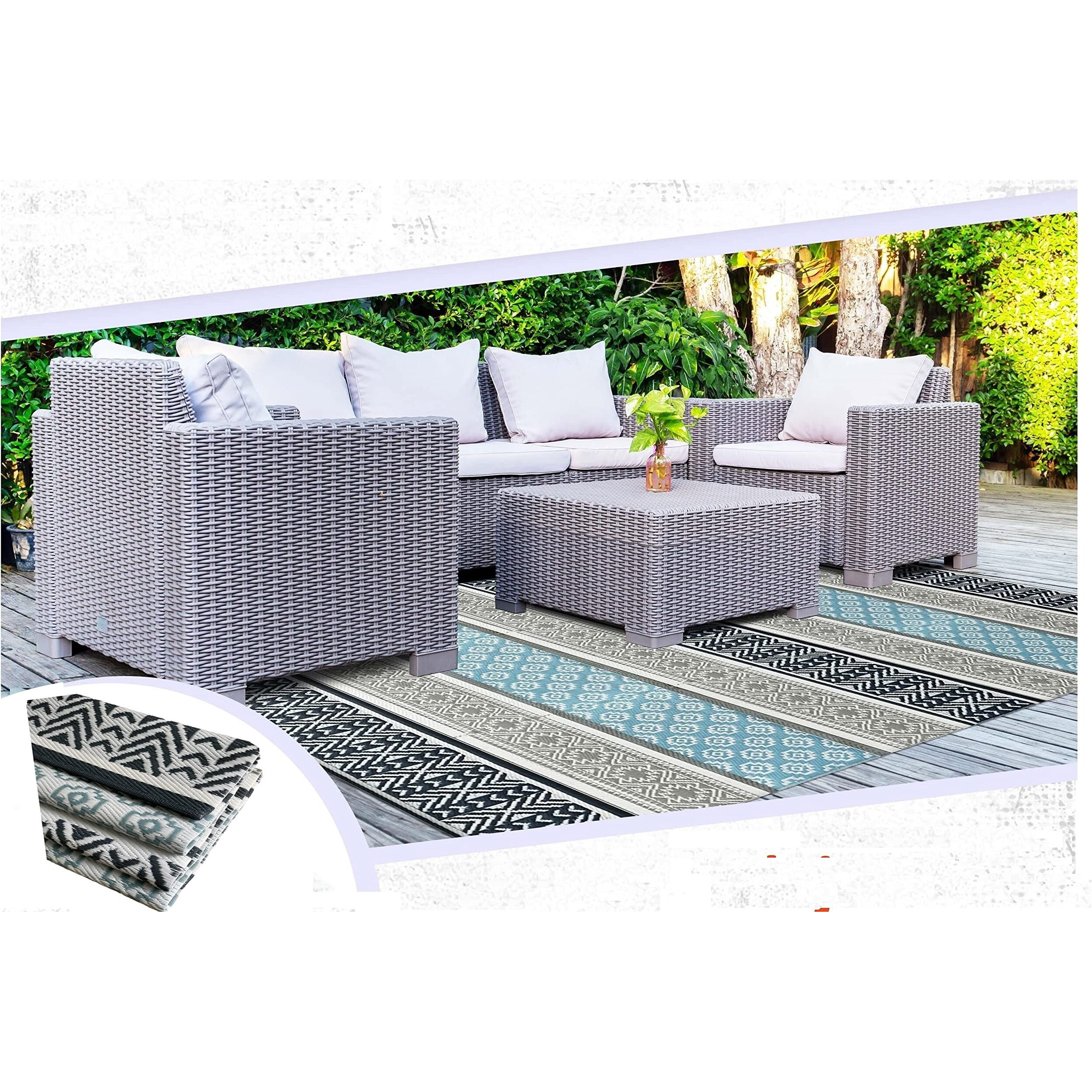 Balajeesusa Outdoor Rug - 9X18 Grey, Teal, Reversible Recycled Plastic Straw Outdoor Patio Rugs Clearance Waterproof Large Rv Camper Rug 7087