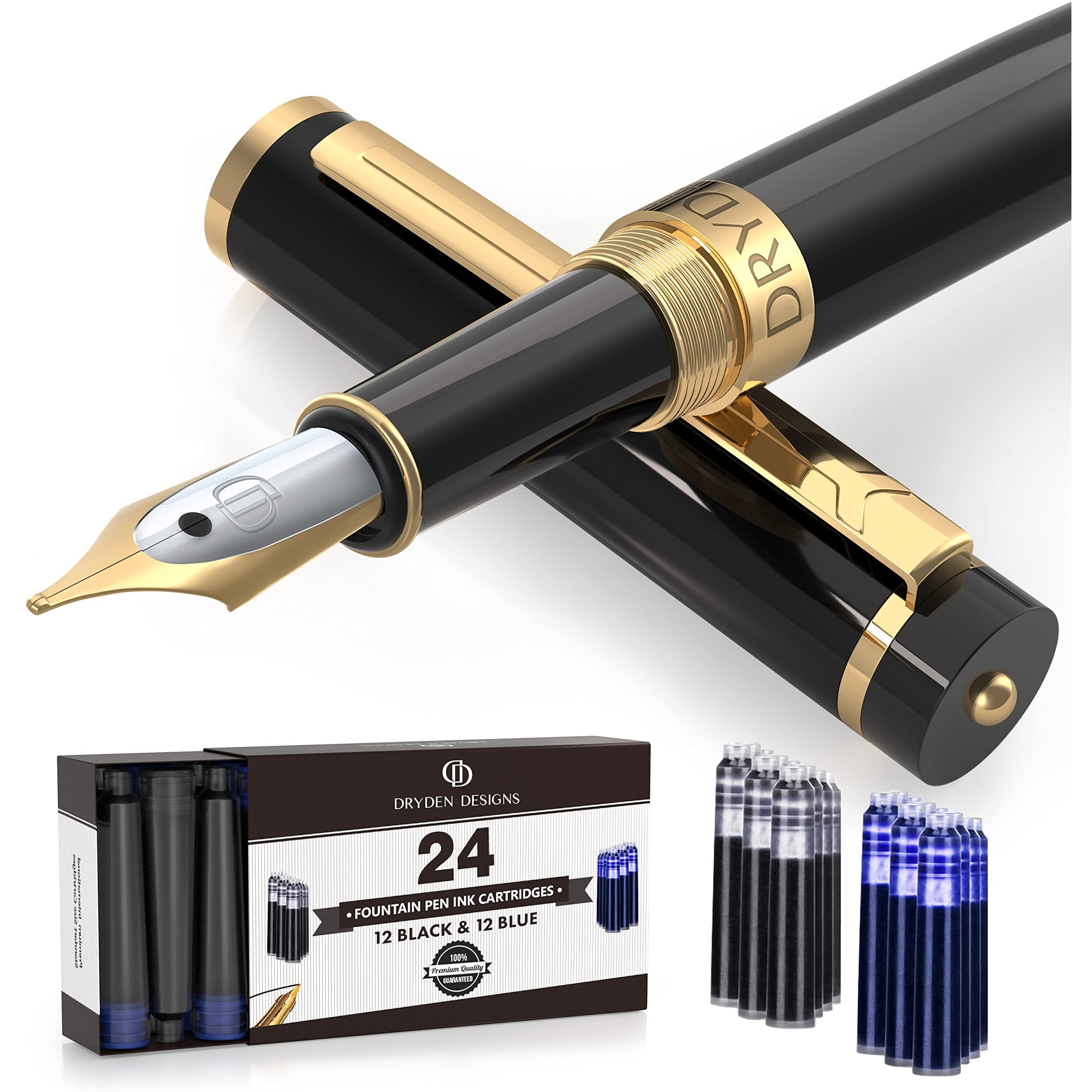 Dryden Designs Fountain Pen - Medium Nib 0.5Mm | Includes 24 Ink Cartridges And Ink Refill Converter | Calligraphy Pen, Consistent Writing, Smooth Flow, Left And Right Handed -Intense Black