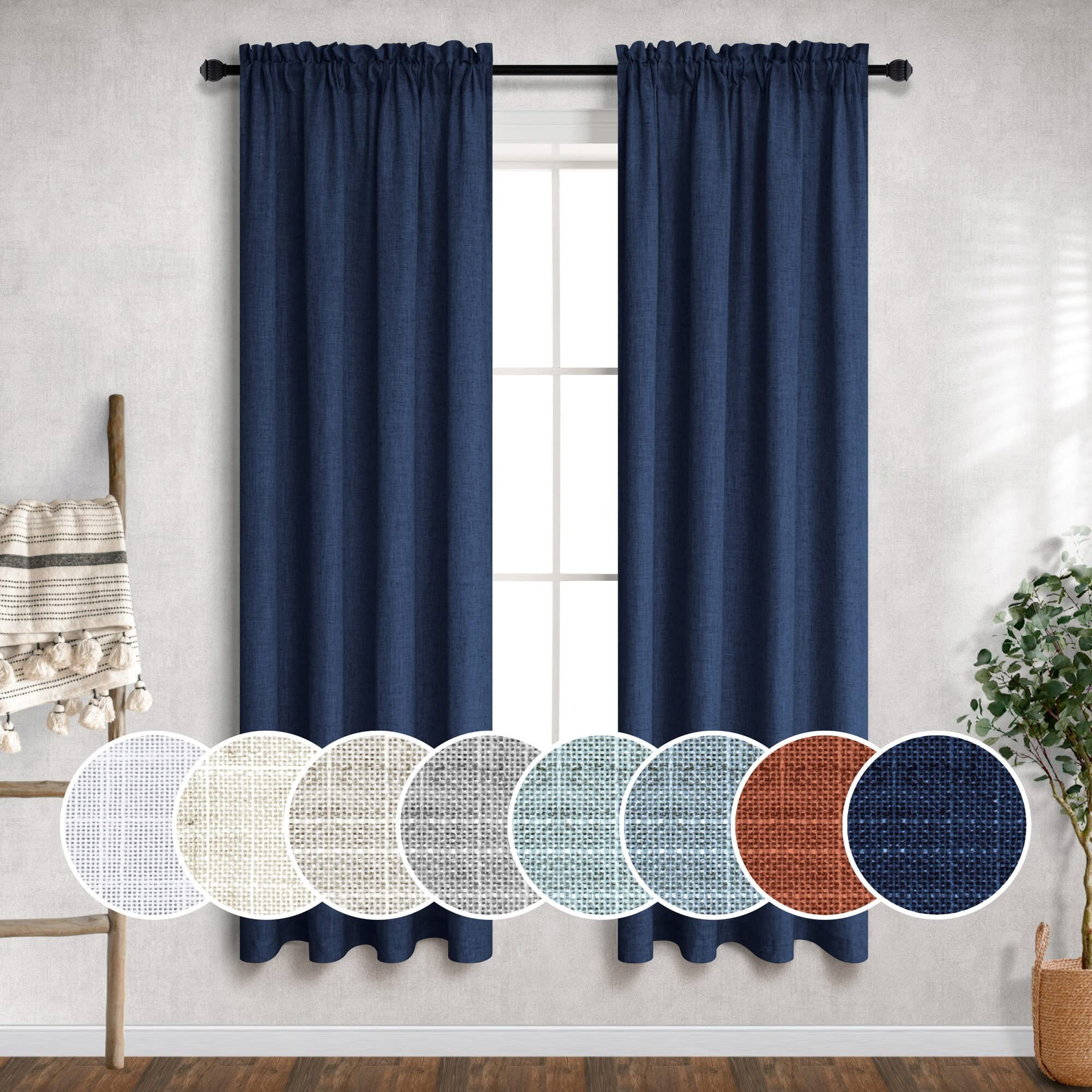 Navy Blue Linen Curtains 38 Inch Wide For Bedroom 2 Panels Rod Pocket Light Filter Semi Sheer Dark Blue Curtains For Small Windows Narrow Mini Skinny Living Room 38 Inch Width By 63 Inch Length Indigo