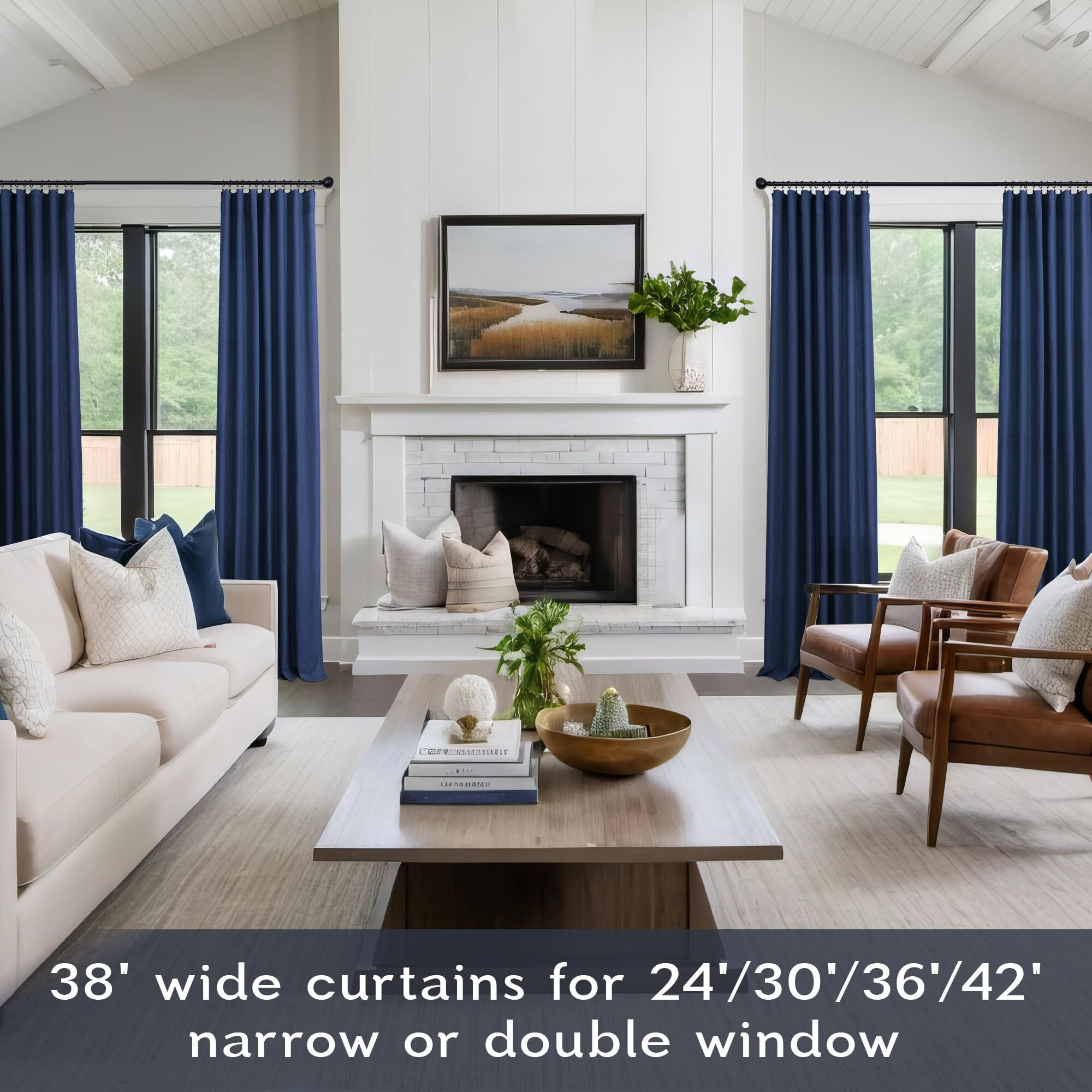 Navy Blue Linen Curtains 38 Inch Wide For Bedroom 2 Panels Rod Pocket Light Filter Semi Sheer Dark Blue Curtains For Small Windows Narrow Mini Skinny Living Room 38 Inch Width By 63 Inch Length Indigo