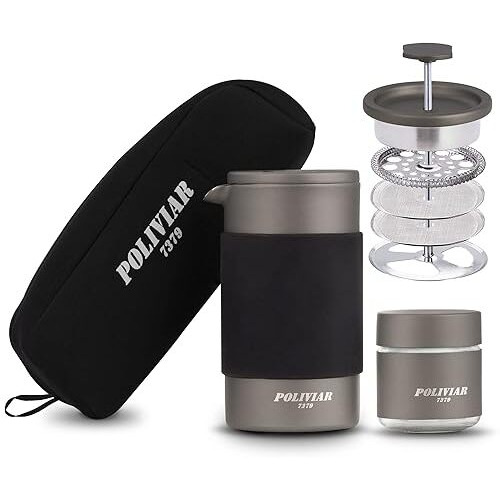 Poliviar French Press Coffee Maker, 12 Oz Portable French Press With Mini Canister And Collection Bag, Double Wall Insulation & Dual- Filter Screen, Food Grade Stainless Steel For Coffee