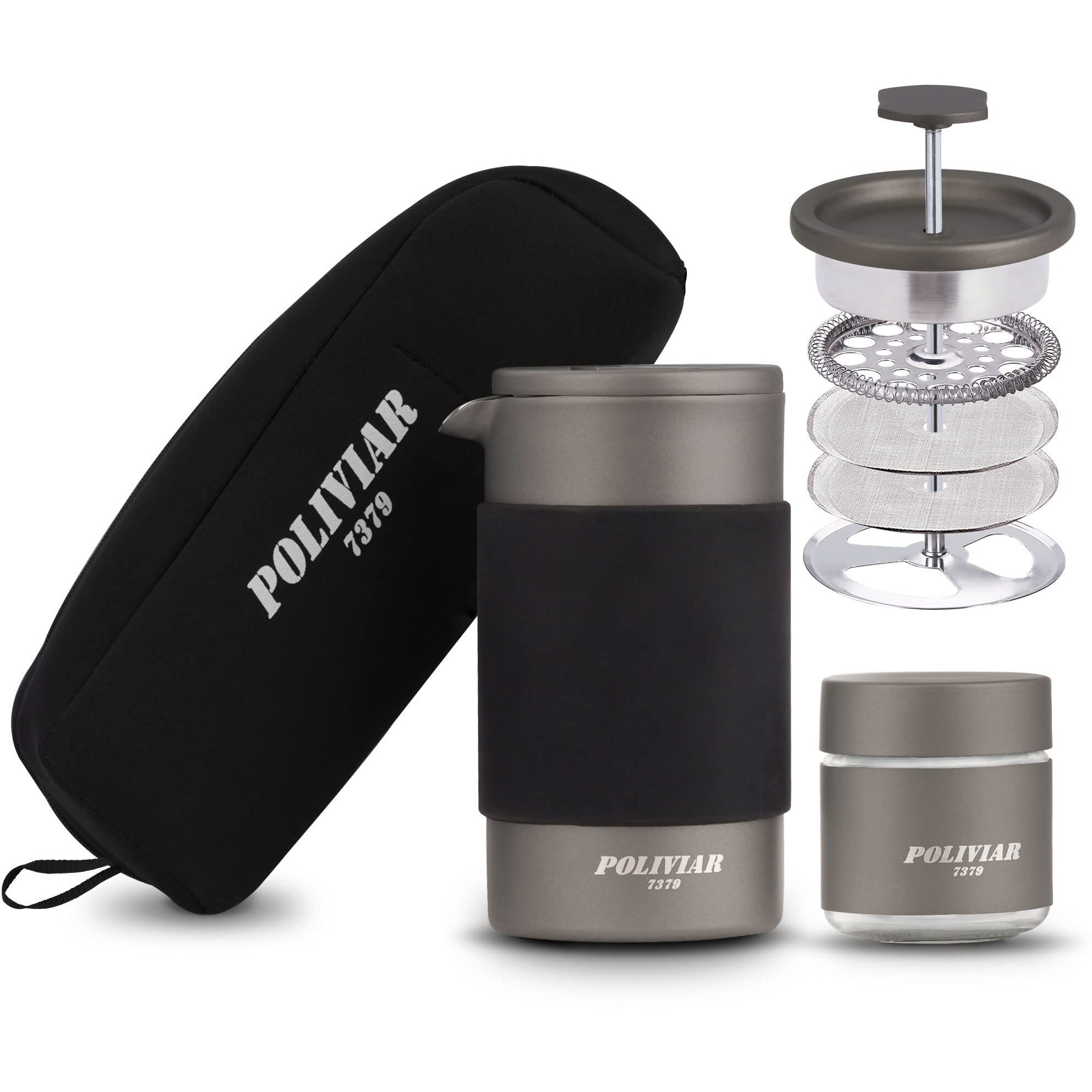 Poliviar French Press Coffee Maker, 12 Oz Portable French Press With Mini Canister And Collection Bag, Double Wall Insulation & Dual- Filter Screen, Food Grade Stainless Steel For Coffee