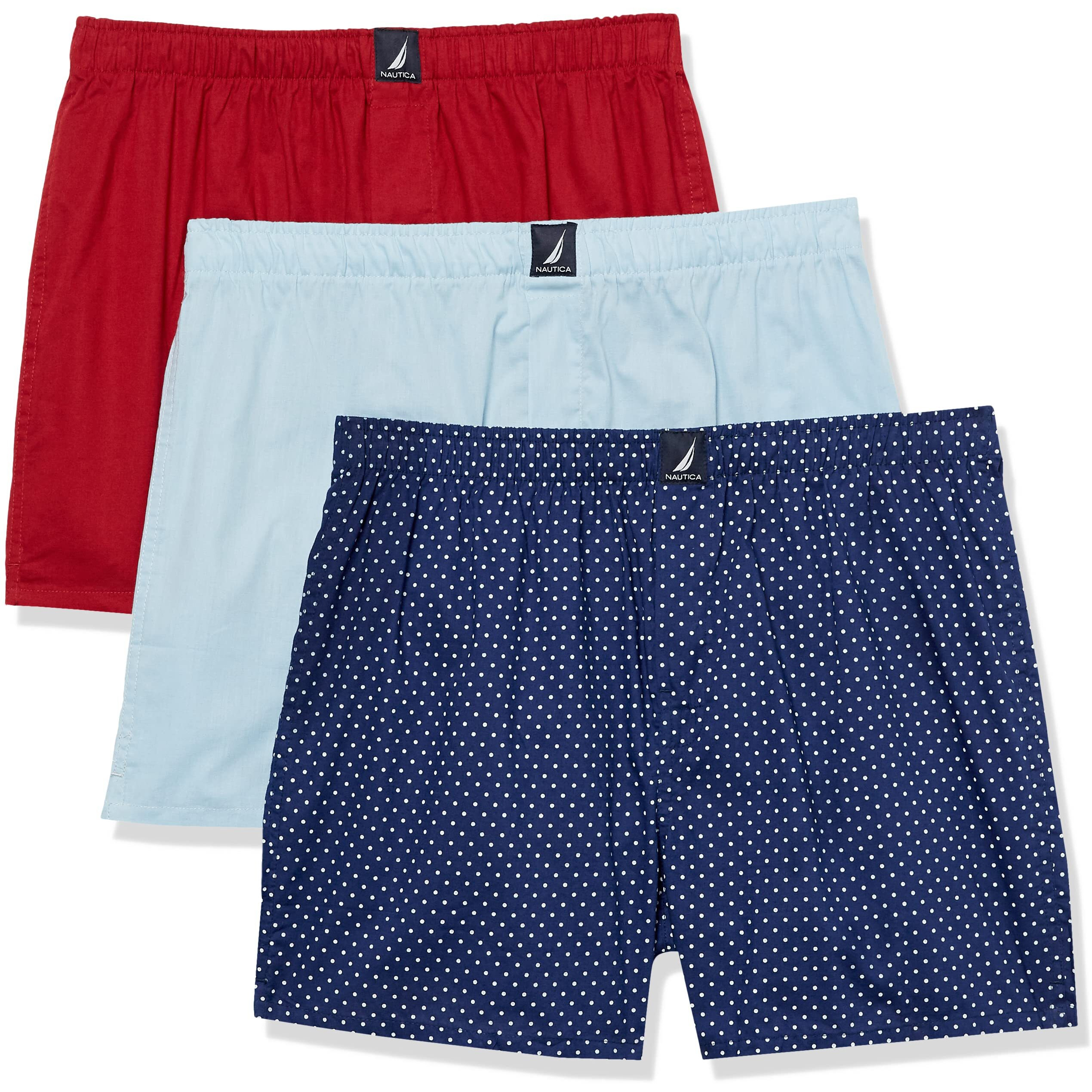 Nautica Mens Cotton Woven 3 Pack Boxer, Noon Blue Redpolka Dot Print, Large