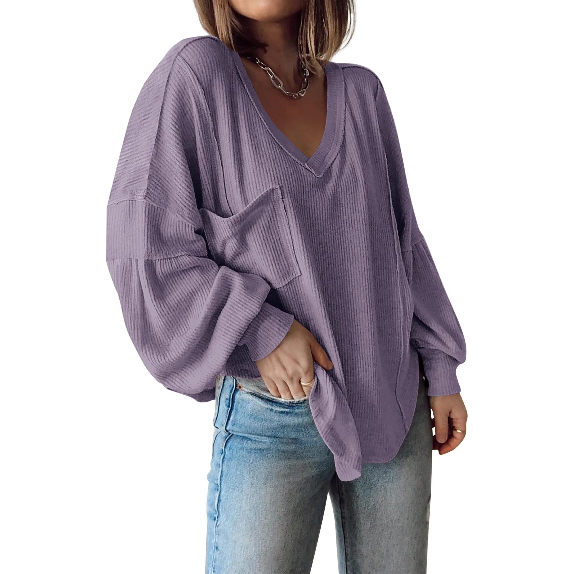Btfbm Women's Casual V Neck Ribbed Knit Shirts 2025 Fall Pullover Tunic Tops Loose Balloon Long Sleeve Blouses Top(Solid Taro Purple, Large)