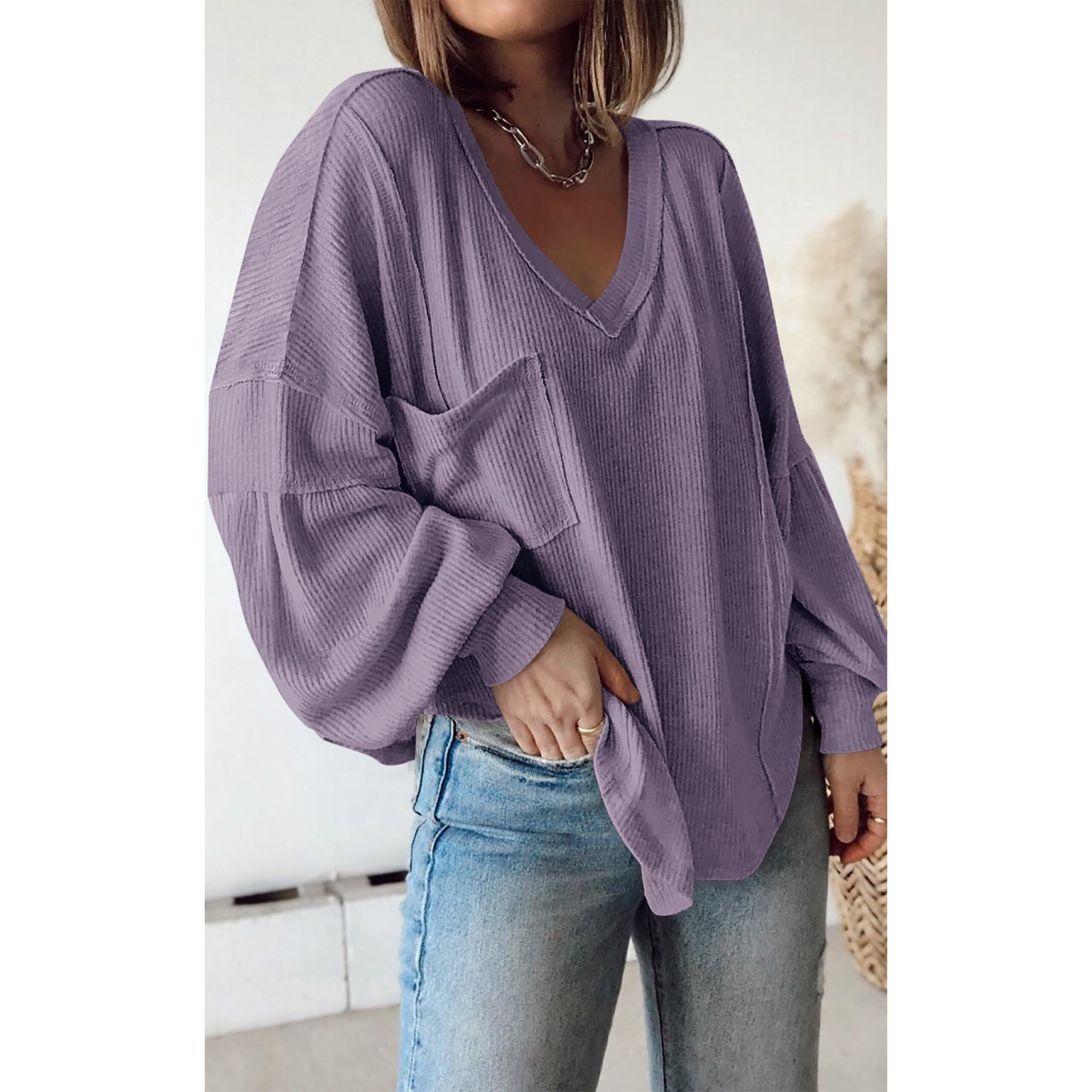 Btfbm Women's Casual V Neck Ribbed Knit Shirts 2025 Fall Pullover Tunic Tops Loose Balloon Long Sleeve Blouses Top(Solid Taro Purple, Large)